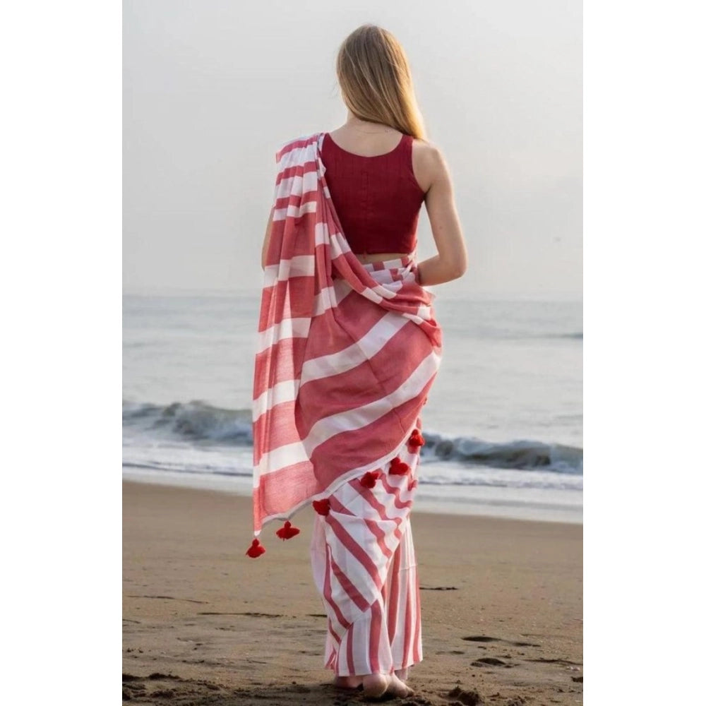 Women's Linen Printed Saree With Unstitched Blouse 5.5Mtr  (Red)