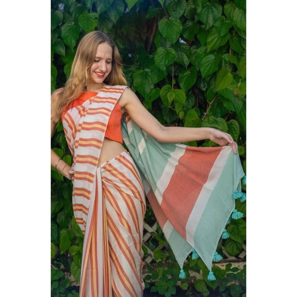 Women's Linen Printed Saree With Unstitched Blouse 5.5Mtr  (Orange)