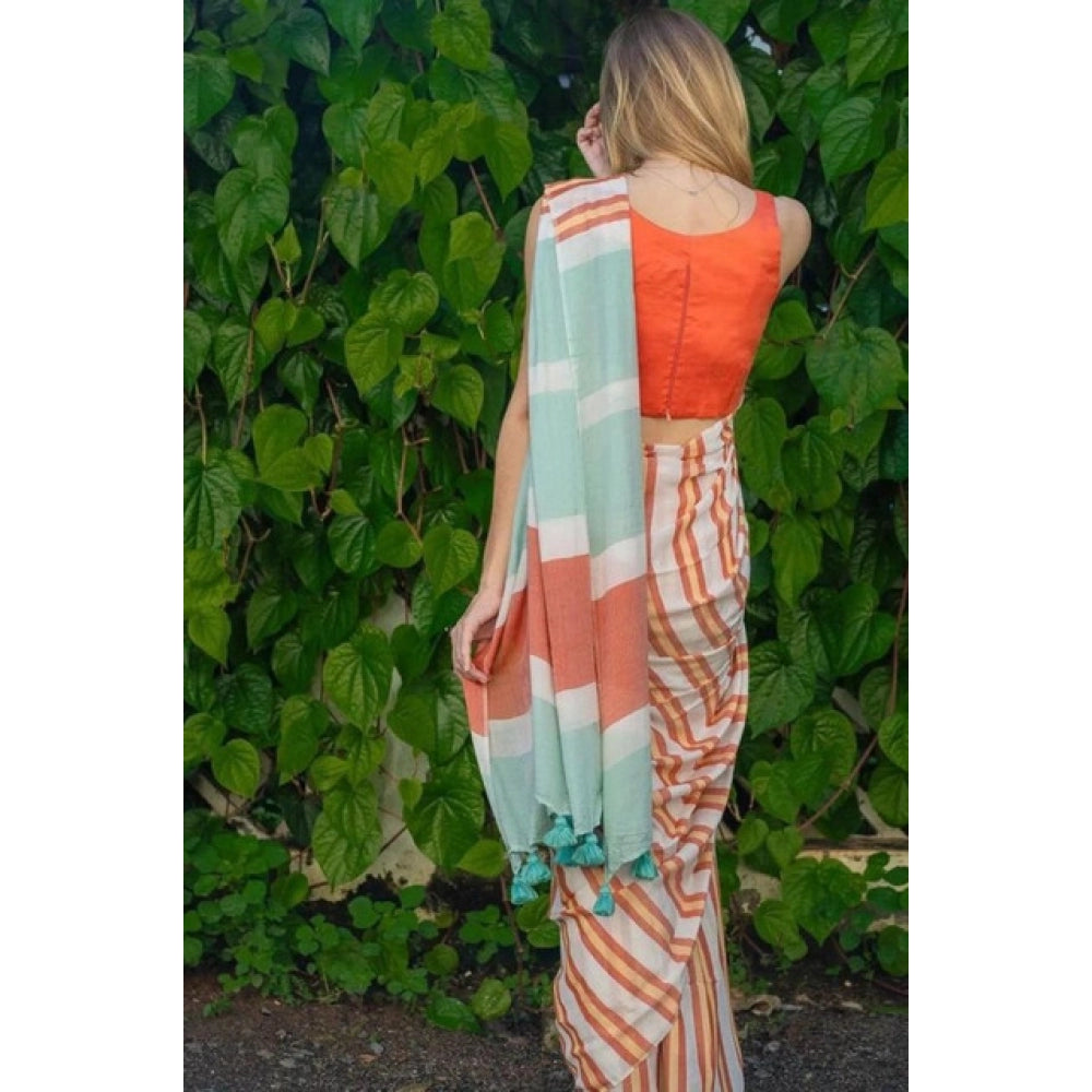 Women's Linen Printed Saree With Unstitched Blouse 5.5Mtr  (Orange)