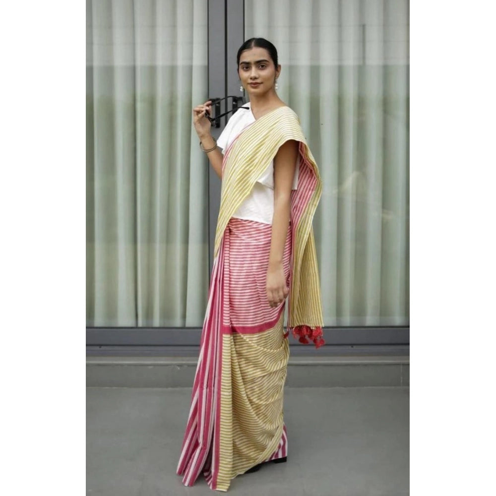 Women's Linen Printed Saree With Unstitched Blouse 5.5Mtr  (Yellow)