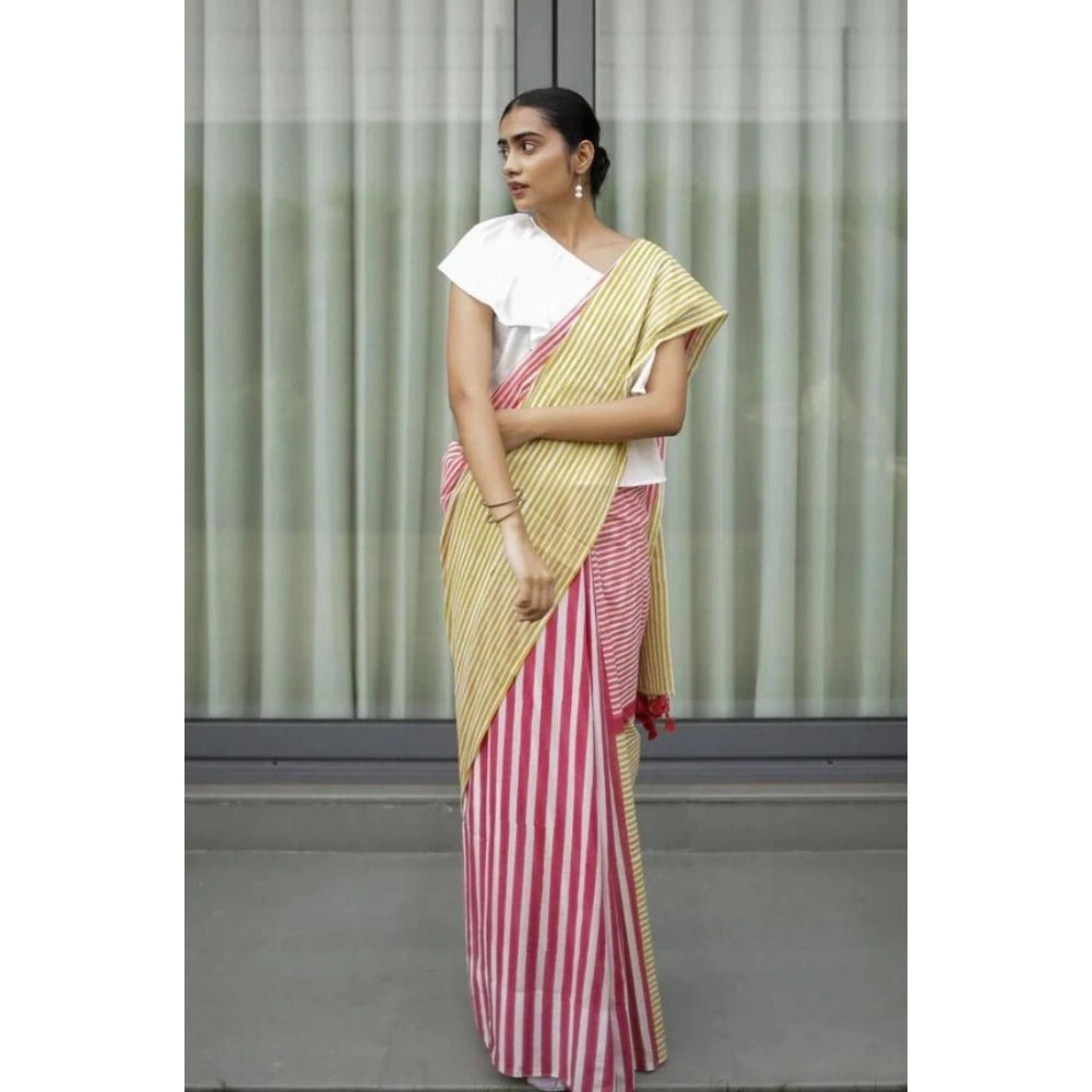 Women's Linen Printed Saree With Unstitched Blouse 5.5Mtr  (Yellow)