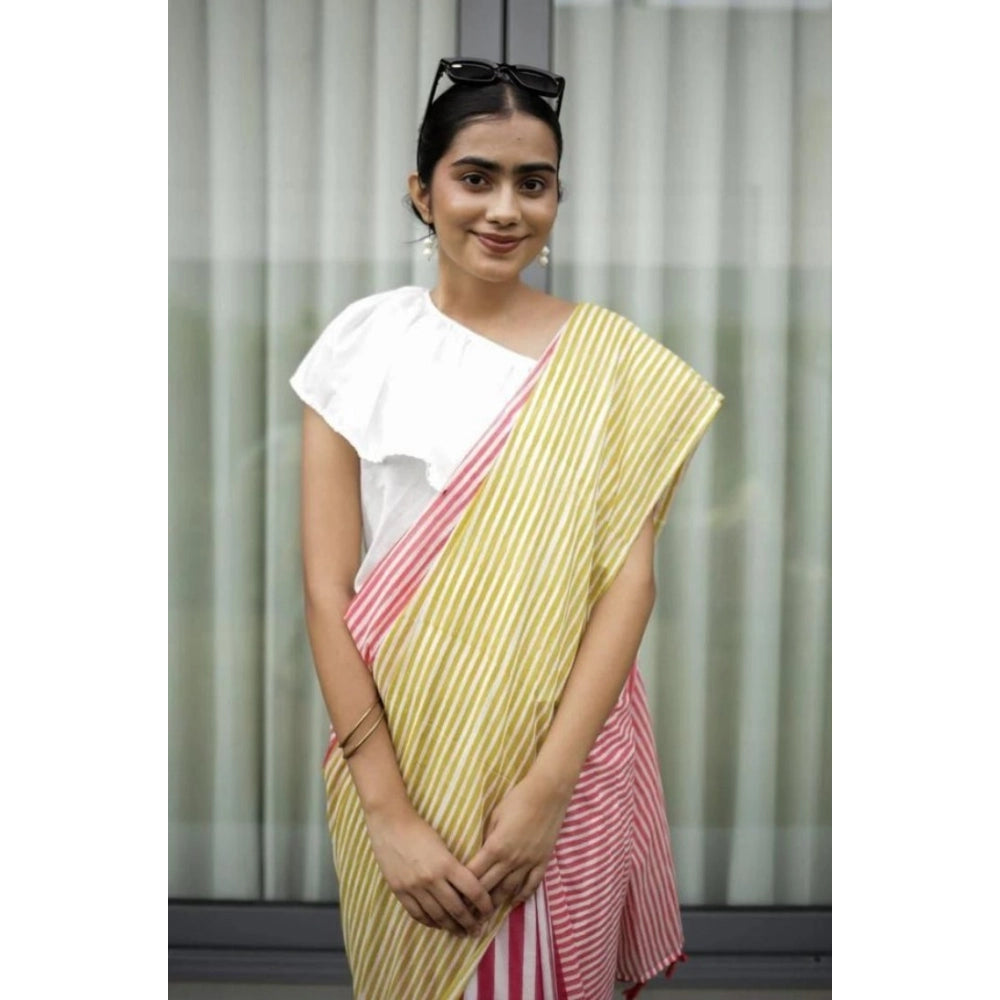 Women's Linen Printed Saree With Unstitched Blouse 5.5Mtr  (Yellow)