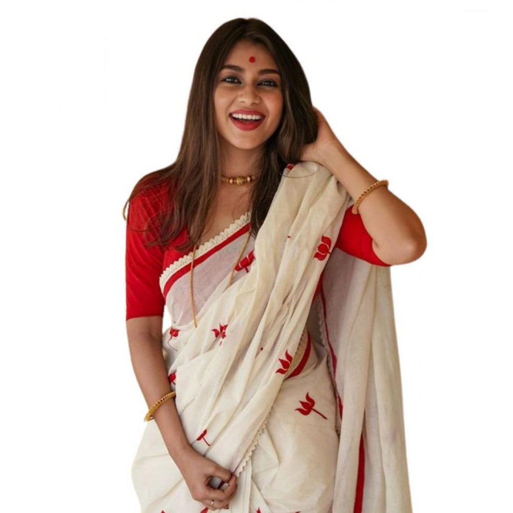 Women's Linen Printed Saree With Unstitched Blouse 5.5Mtr  (White)