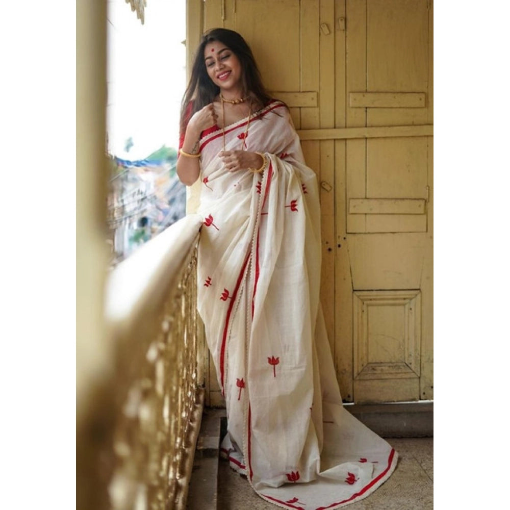 Women's Linen Printed Saree With Unstitched Blouse 5.5Mtr  (White)