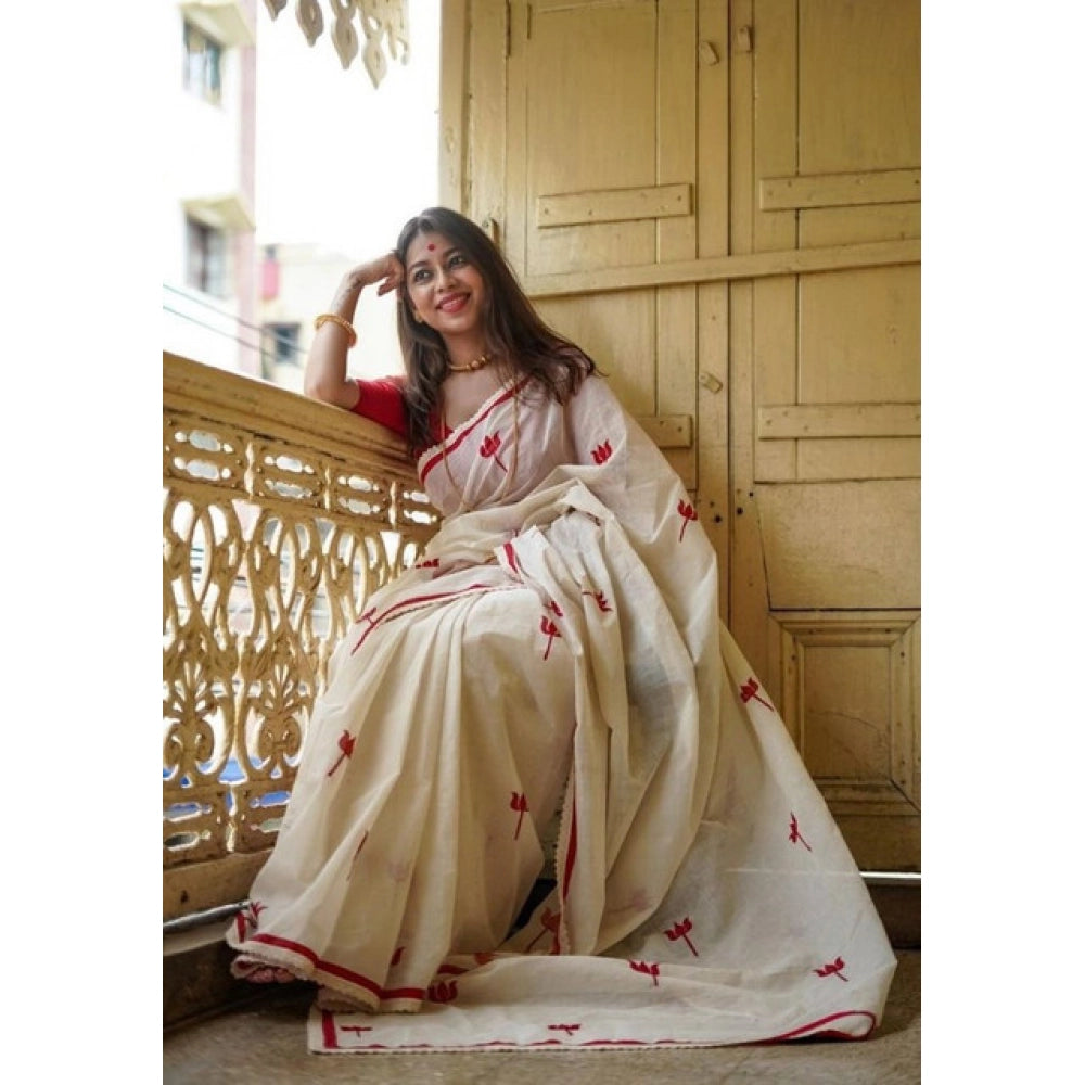 Women's Linen Printed Saree With Unstitched Blouse 5.5Mtr  (White)