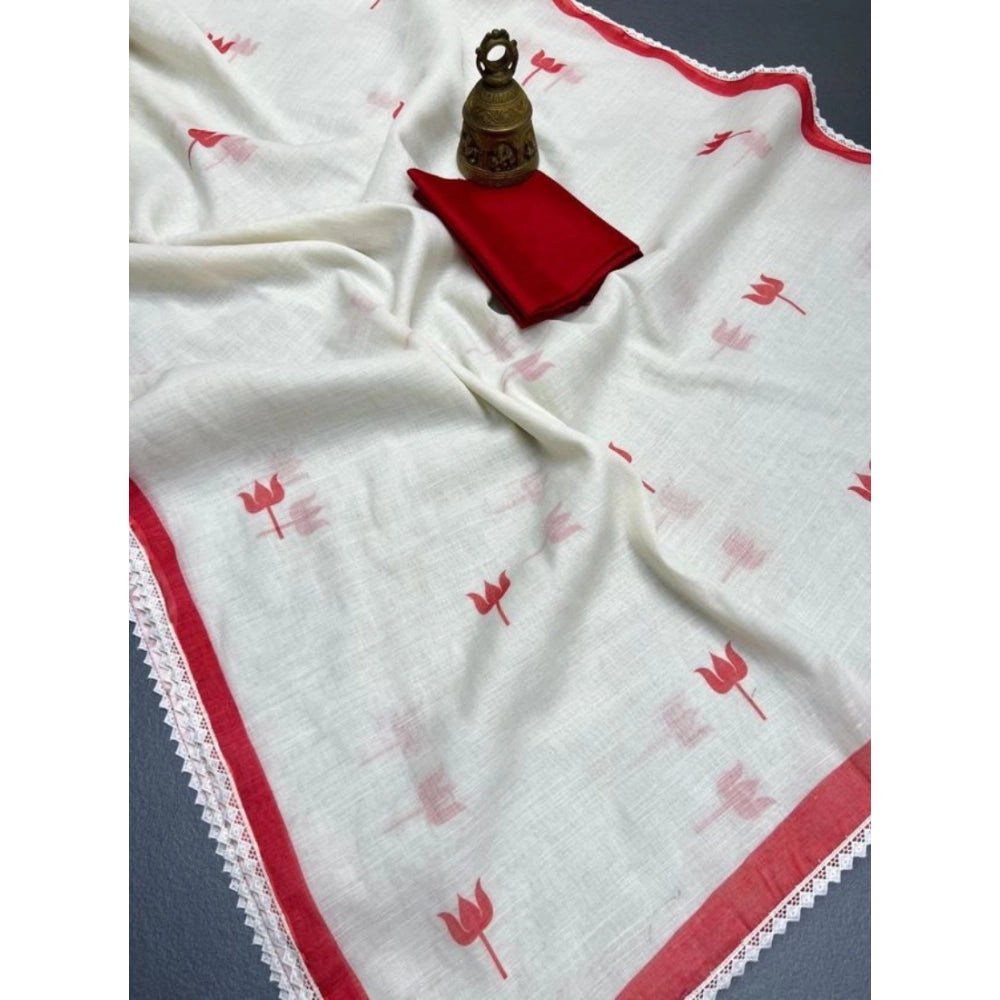Women's Linen Printed Saree With Unstitched Blouse 5.5Mtr  (White)