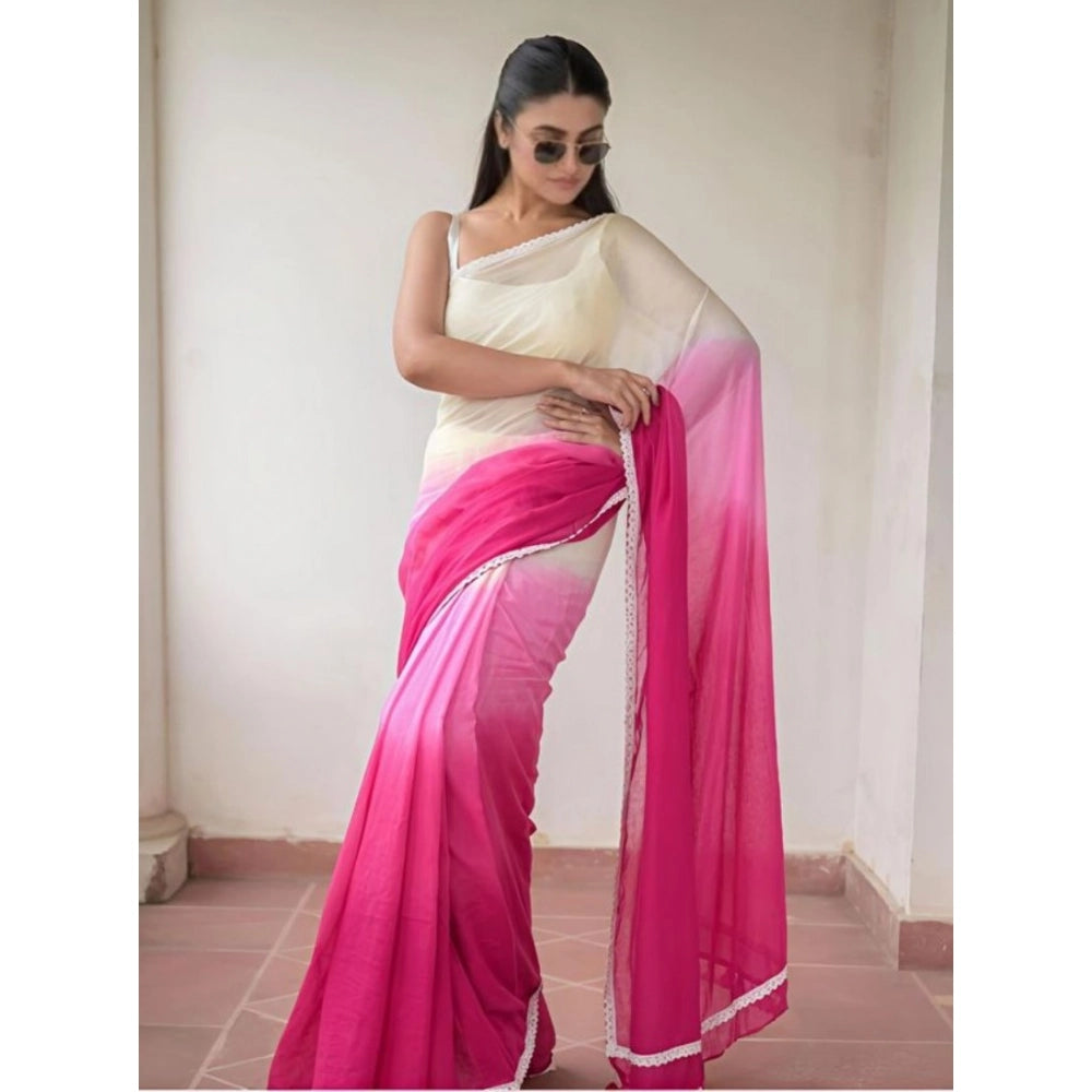 Women's Linen Printed Saree With Unstitched Blouse 5.5Mtr  (Pink)
