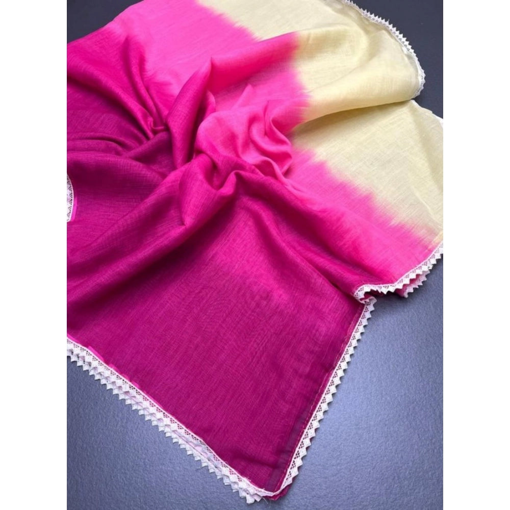 Women's Linen Printed Saree With Unstitched Blouse 5.5Mtr  (Pink)