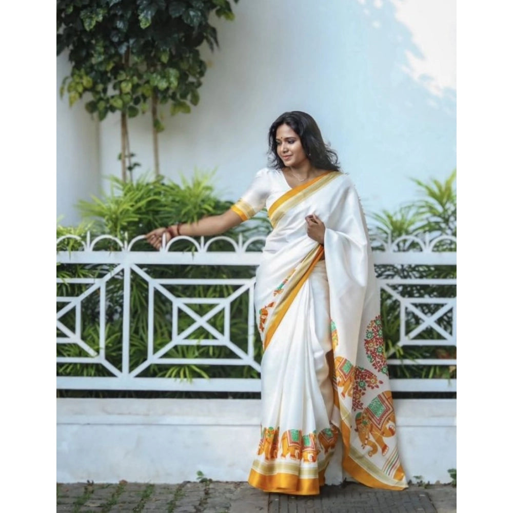 Women's Linen Printed Saree With Unstitched Blouse 5.5Mtr  (White)