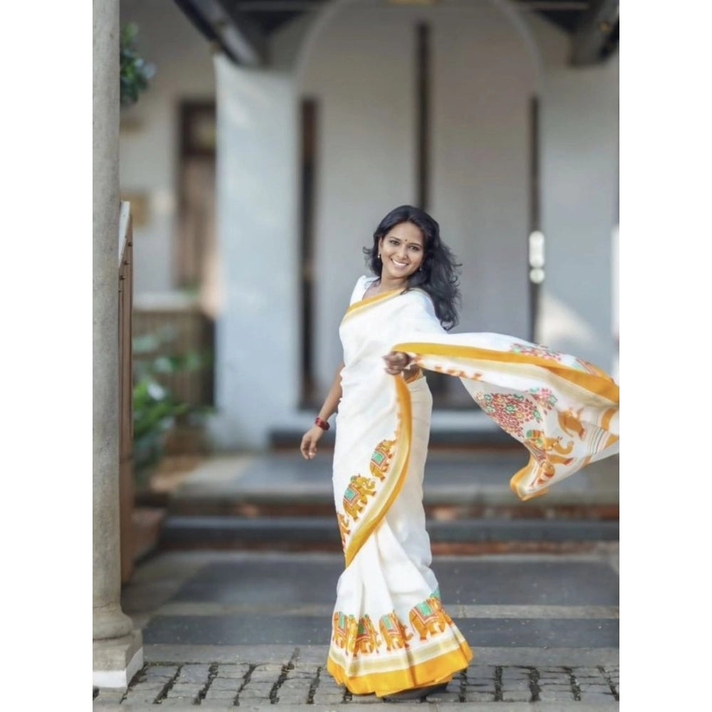 Women's Linen Printed Saree With Unstitched Blouse 5.5Mtr  (White)