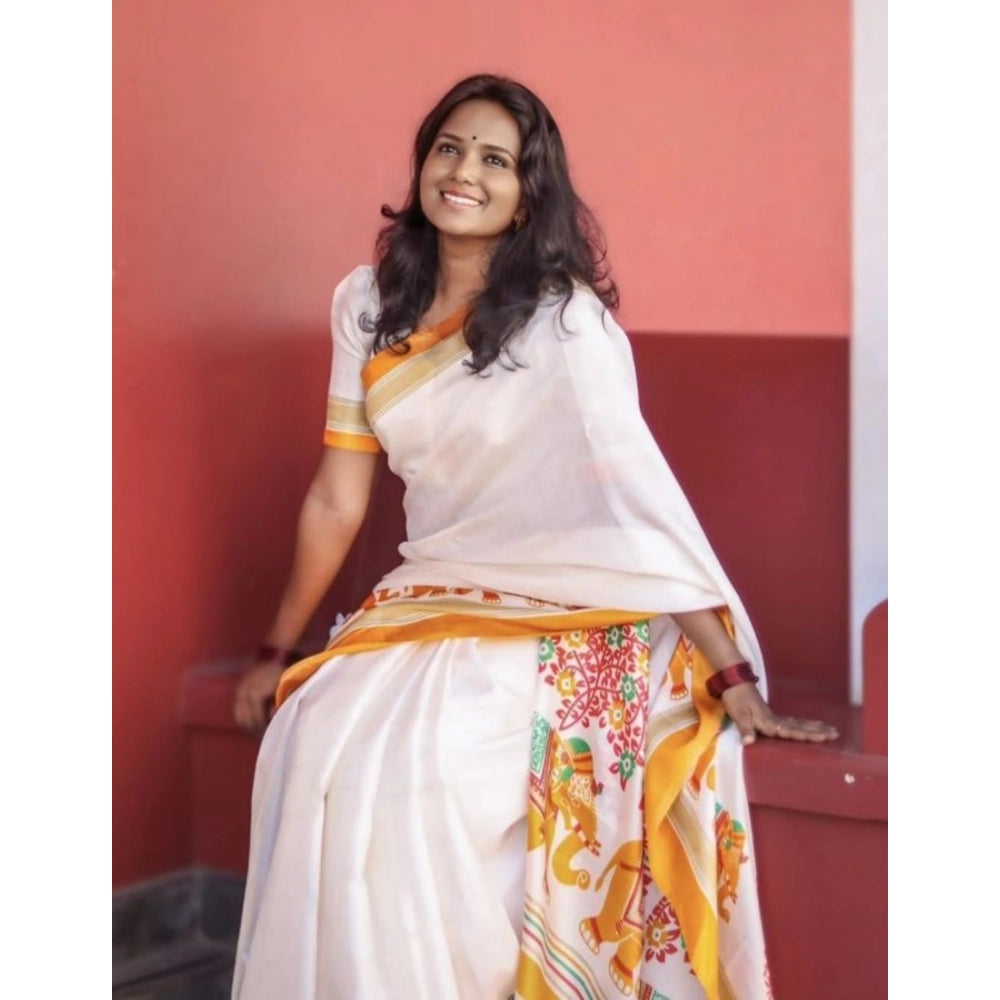 Women's Linen Printed Saree With Unstitched Blouse 5.5Mtr  (White)