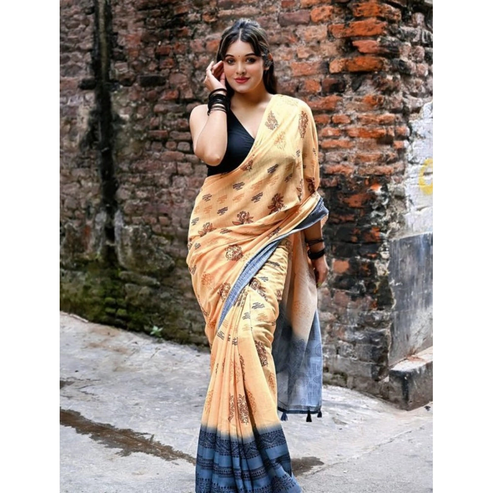 Women's Linen Printed Saree With Unstitched Blouse 5.5Mtr  (Peach)