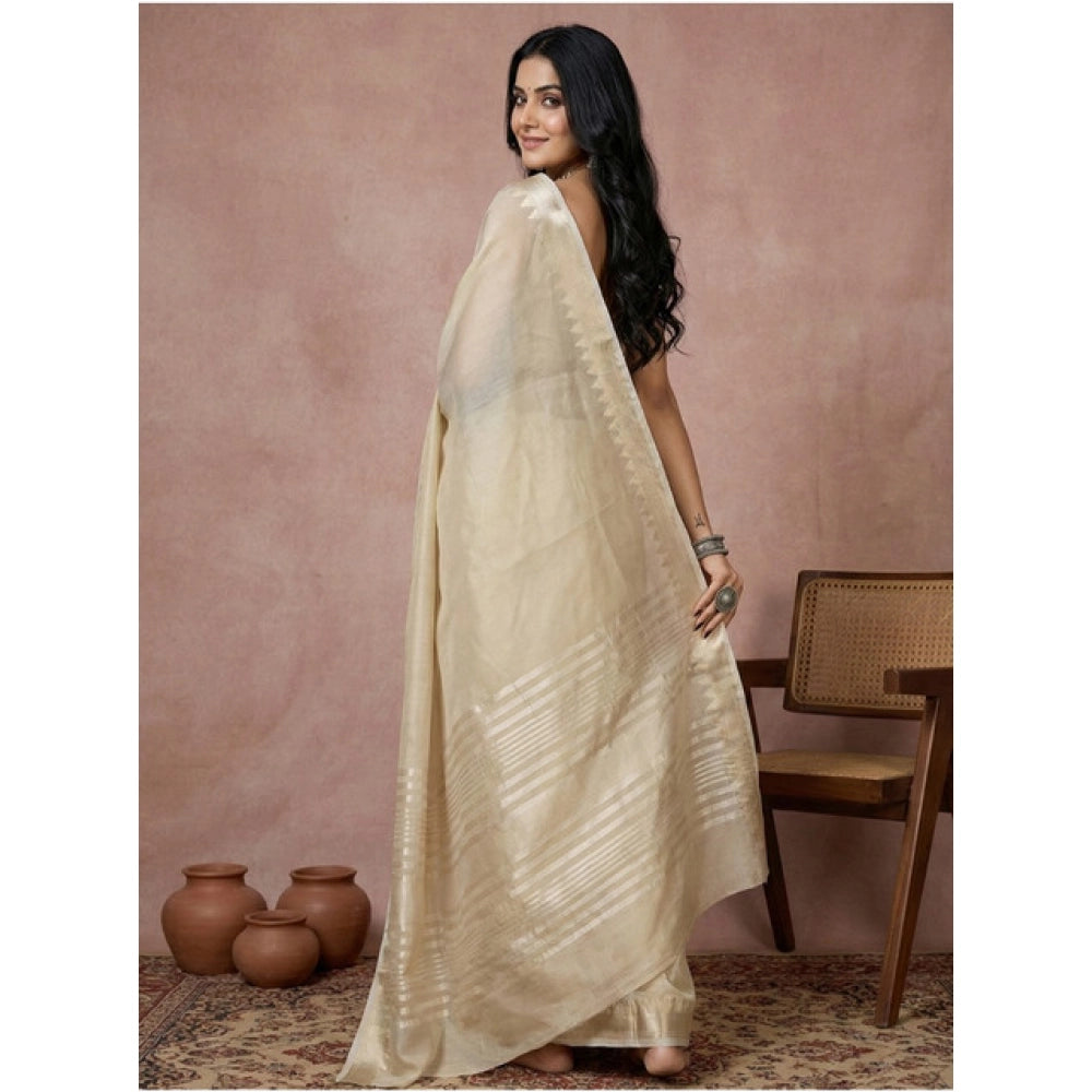 Women's Cotton Printed Saree With Unstitched Blouse 5.5Mtr (Cream)