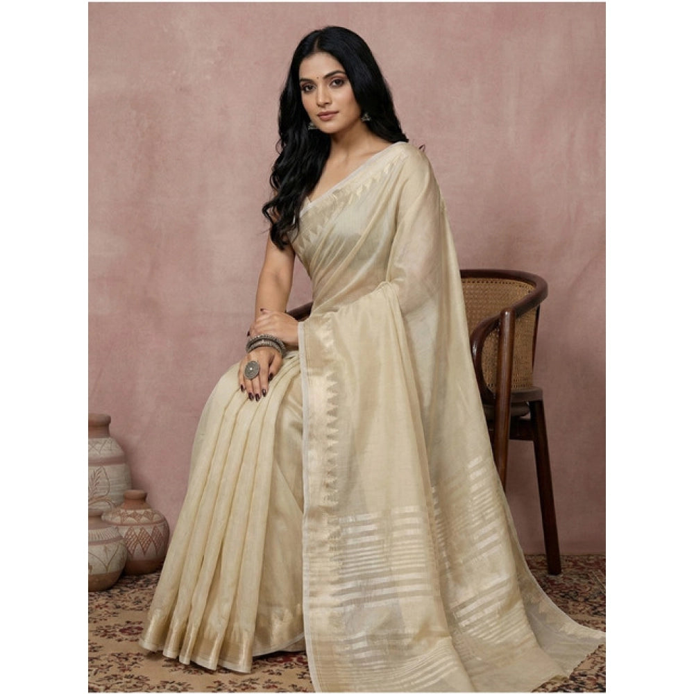 Women's Cotton Printed Saree With Unstitched Blouse 5.5Mtr (Cream)