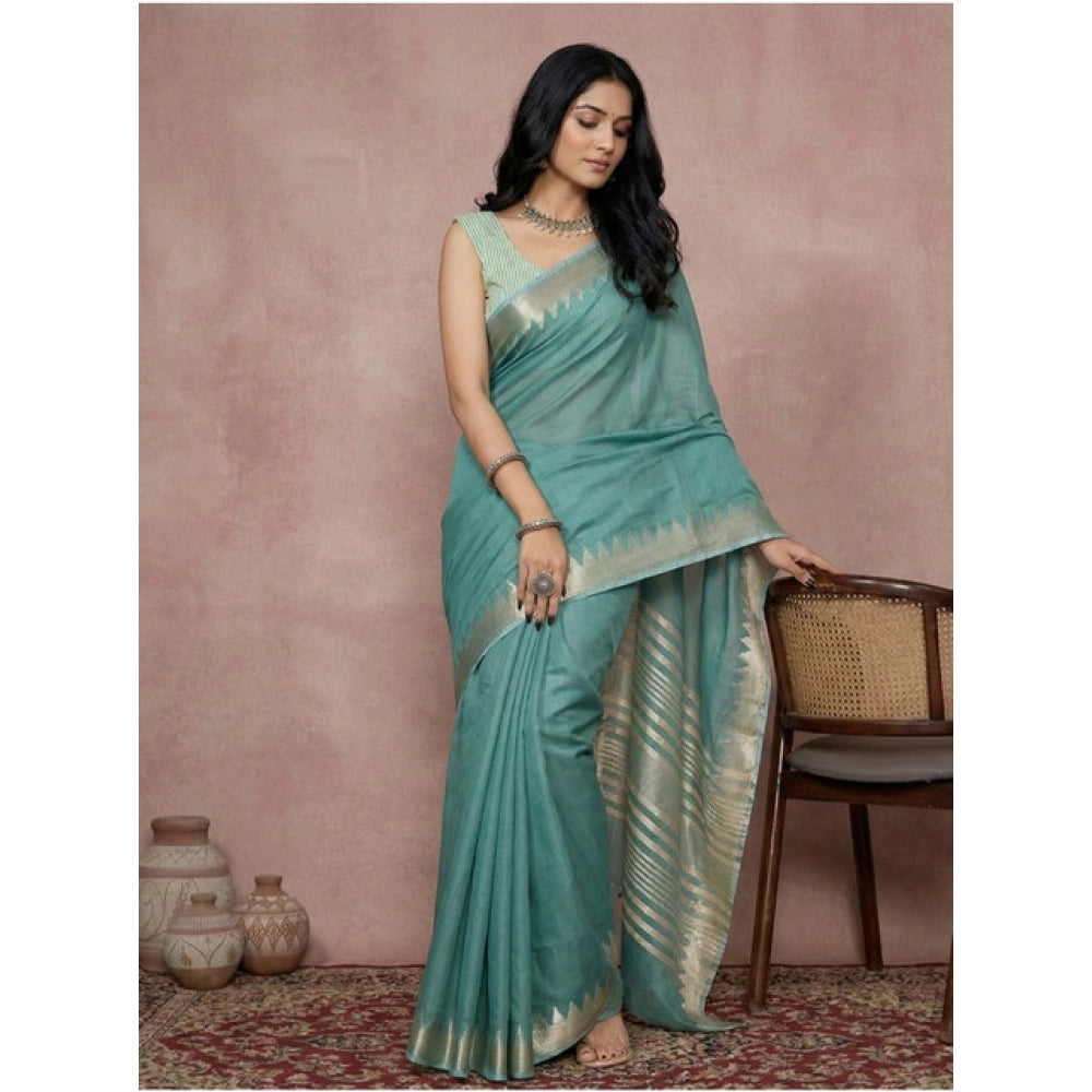 Women's Cotton Printed Saree With Unstitched Blouse 5.5Mtr (Teal)