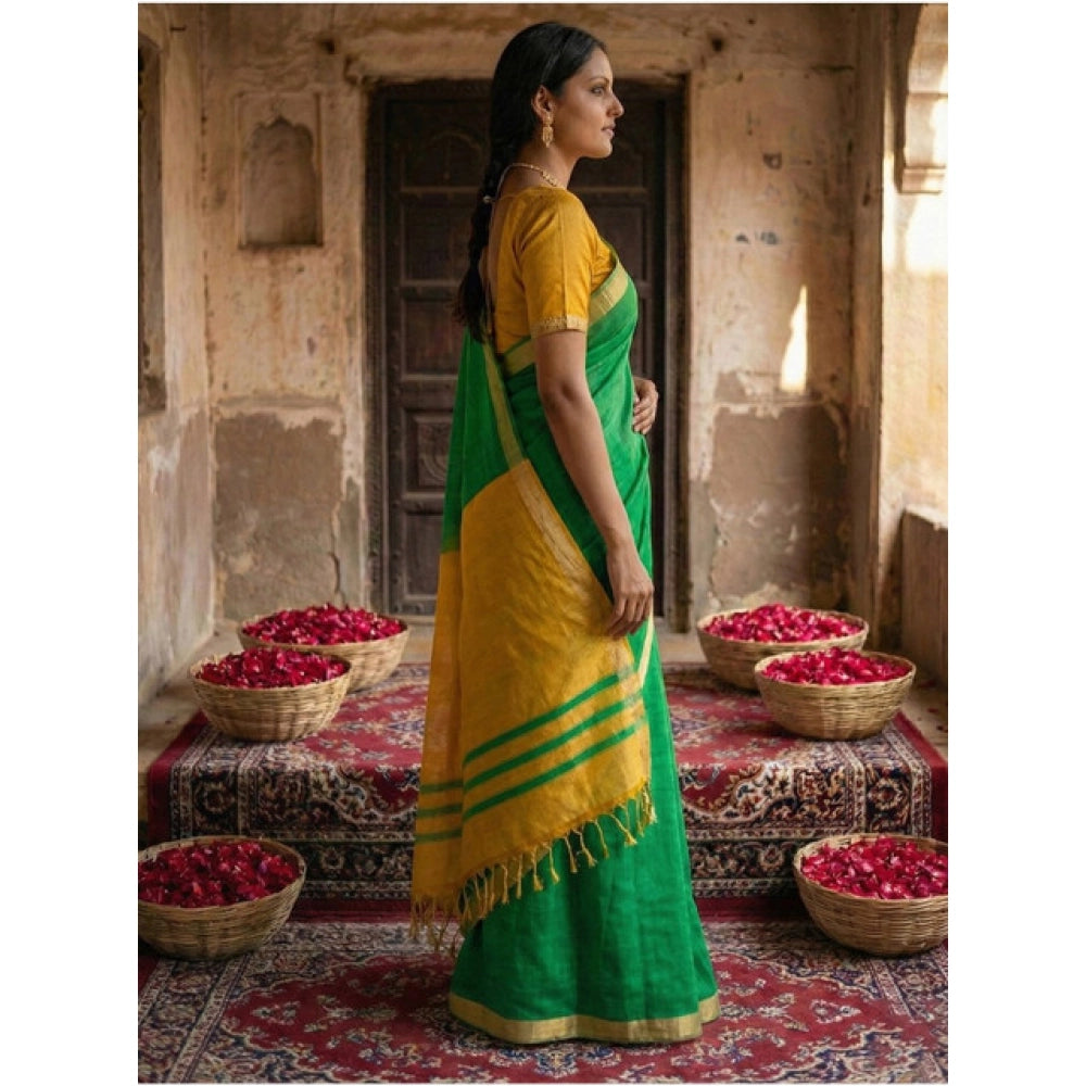Women's Cotton Printed Saree With Unstitched Blouse 5.5Mtr (Green)