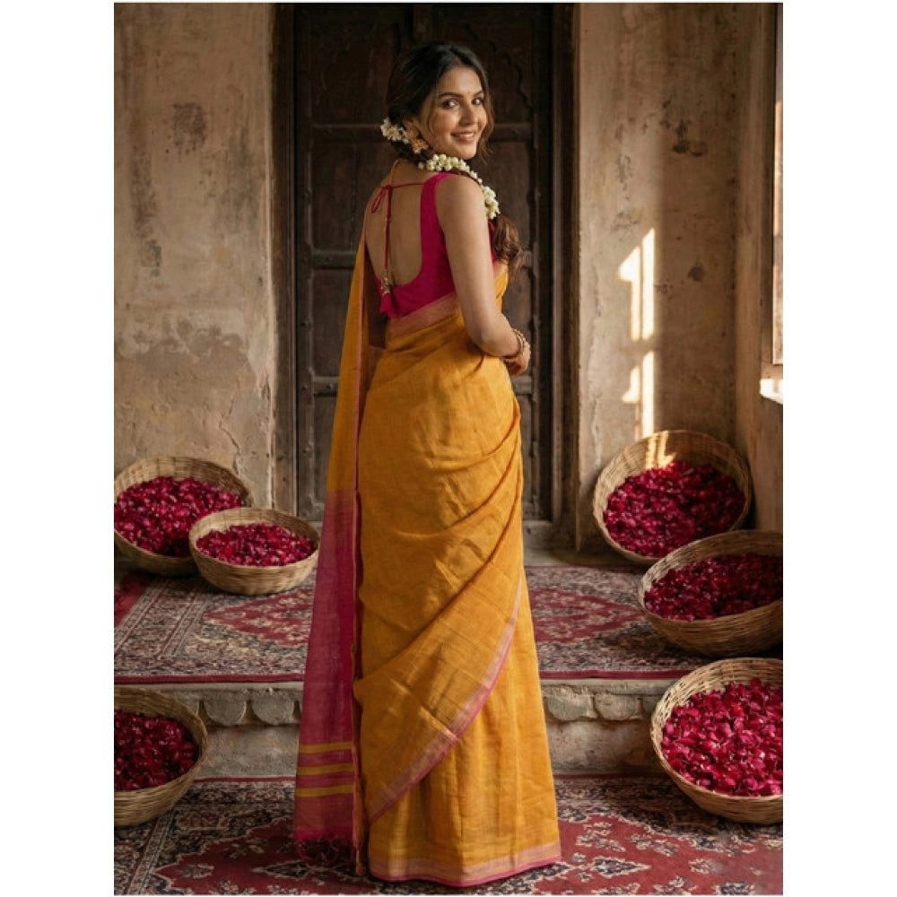 Women's Cotton Printed Saree With Unstitched Blouse 5.5Mtr (Yellow)