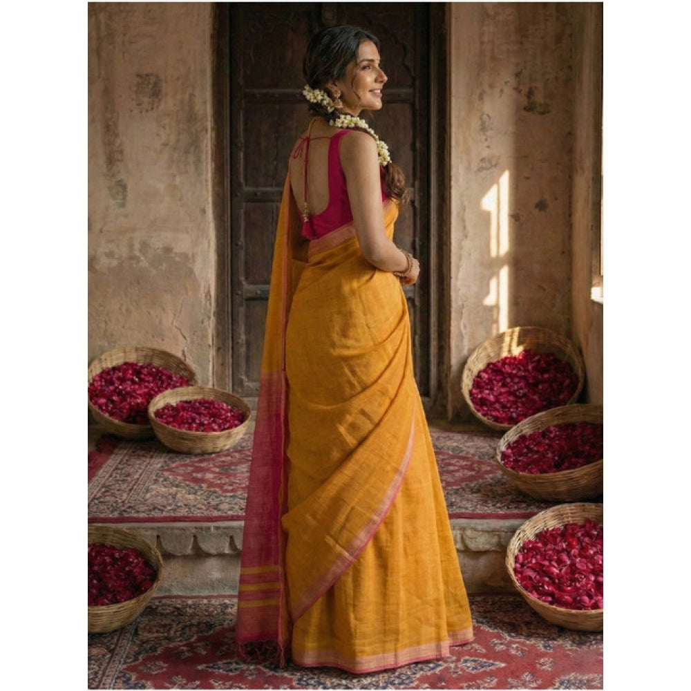 Women's Cotton Printed Saree With Unstitched Blouse 5.5Mtr (Yellow)