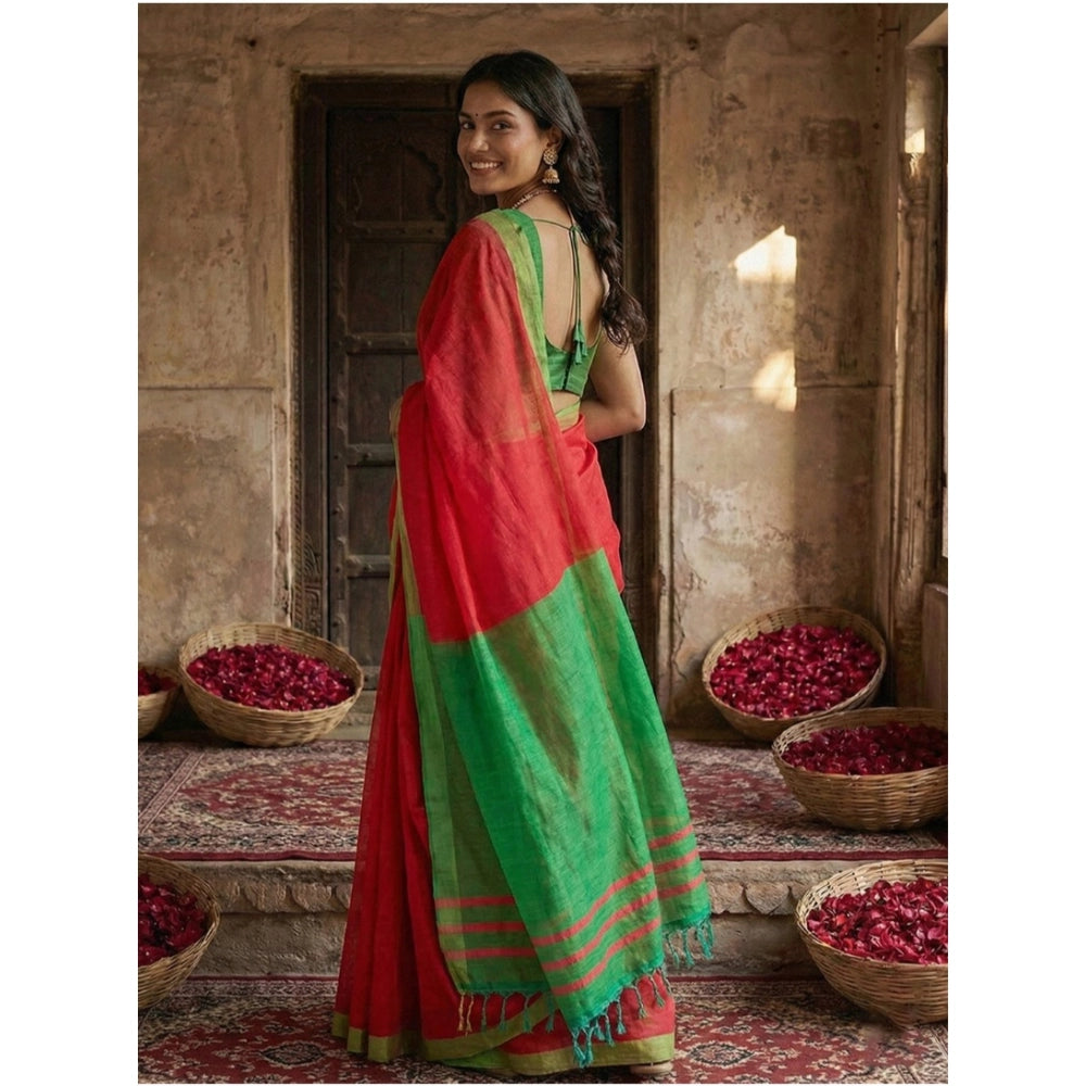 Women's Cotton Printed Saree With Unstitched Blouse 5.5Mtr (Red)