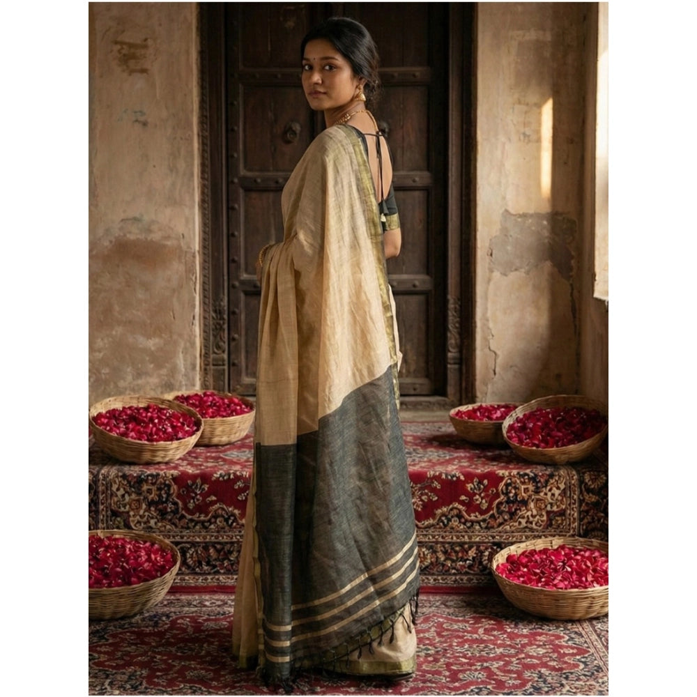 Women's Cotton Printed Saree With Unstitched Blouse 5.5Mtr (Beige)