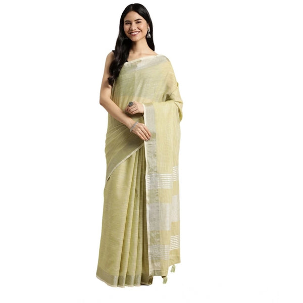 Women's Linen Cotton Printed Saree With Unstitched Blouse 5.5Mtr (Olive Green)