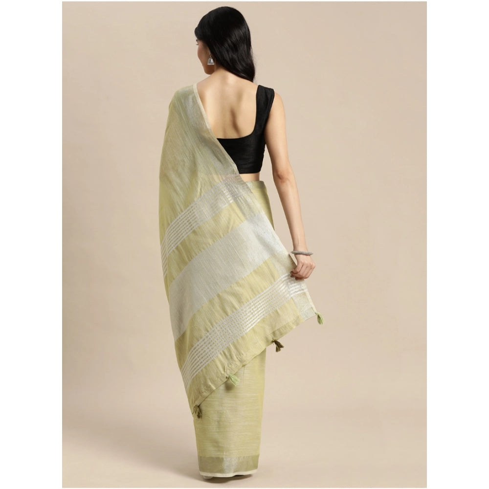 Women's Linen Cotton Printed Saree With Unstitched Blouse 5.5Mtr (Olive Green)