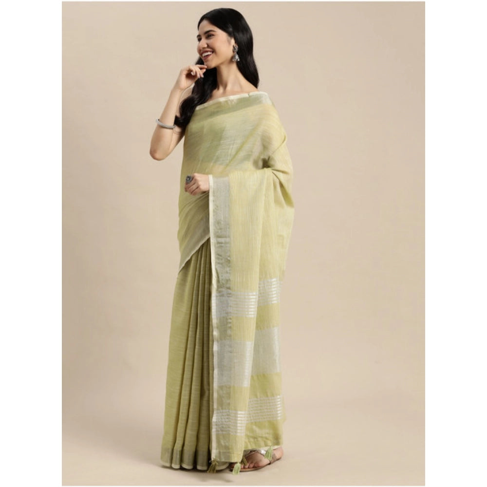 Women's Linen Cotton Printed Saree With Unstitched Blouse 5.5Mtr (Olive Green)