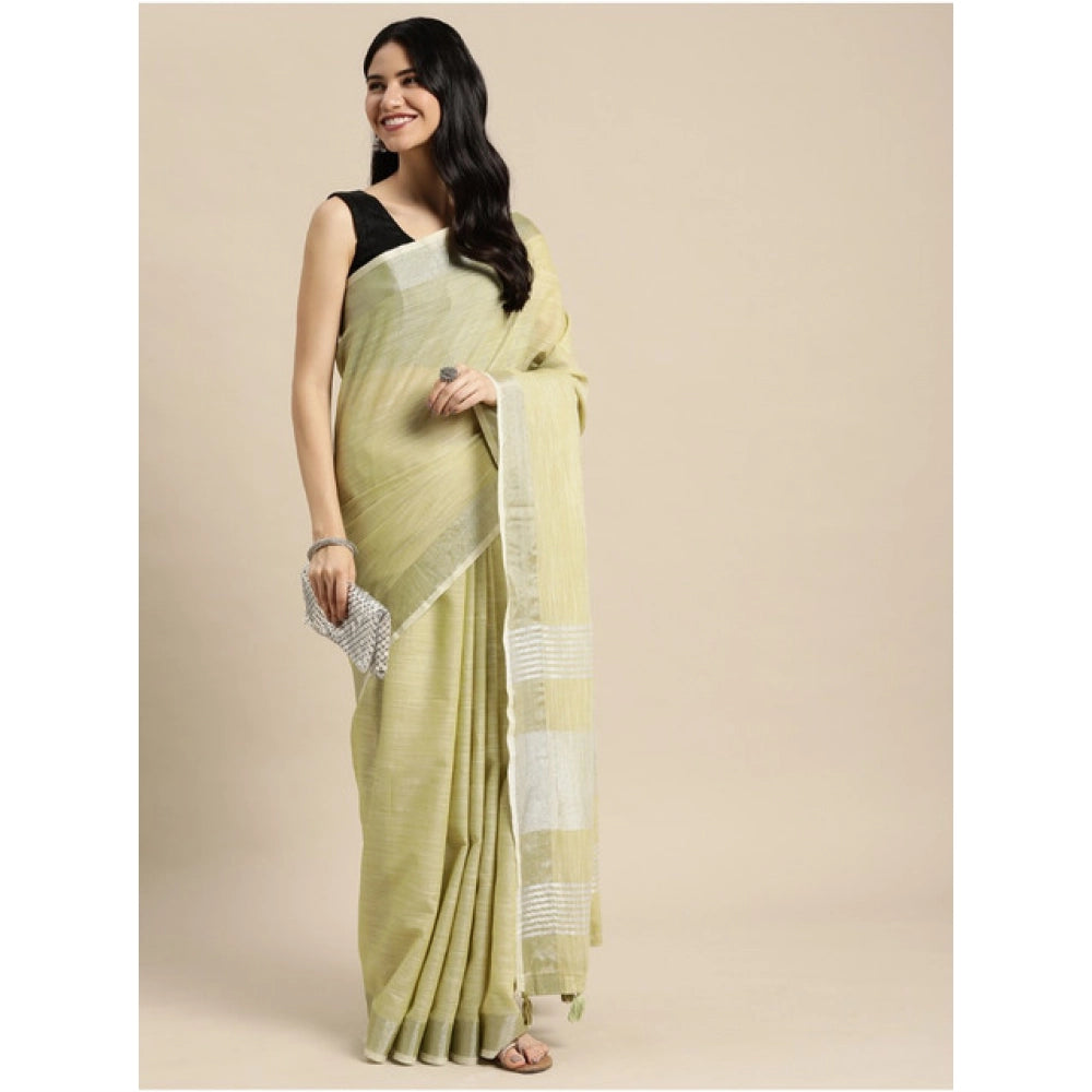 Women's Linen Cotton Printed Saree With Unstitched Blouse 5.5Mtr (Olive Green)