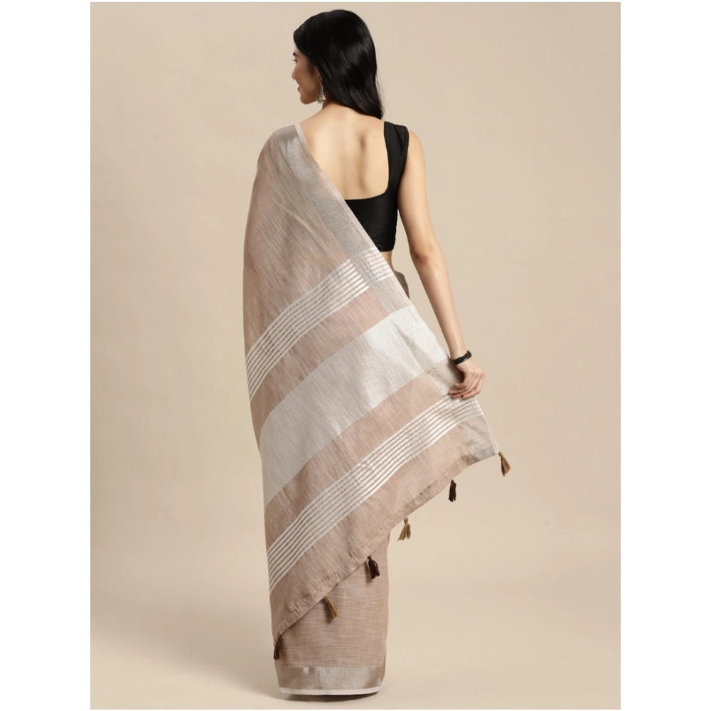 Women's Linen Cotton Printed Saree With Unstitched Blouse 5.5Mtr (Beige)