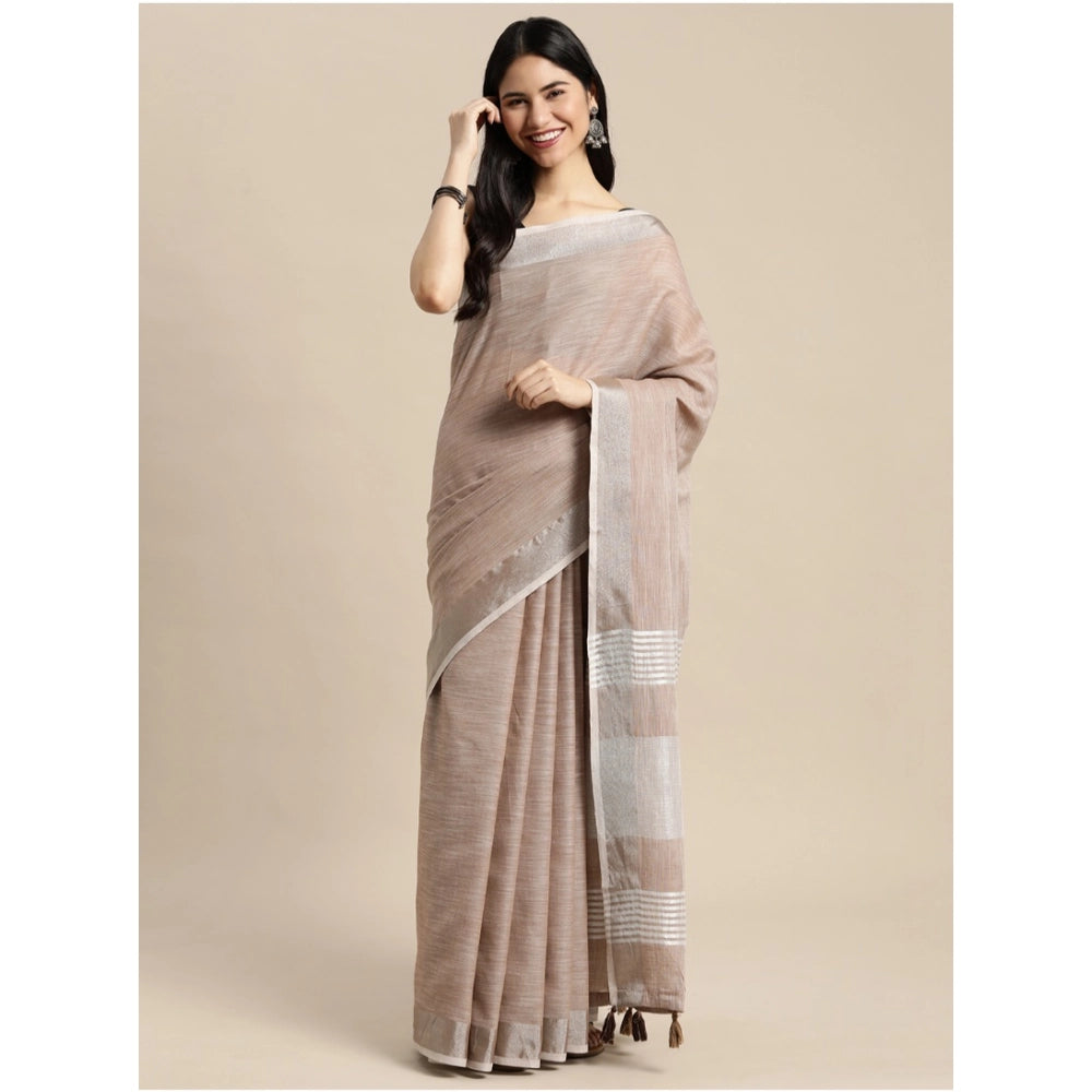 Women's Linen Cotton Printed Saree With Unstitched Blouse 5.5Mtr (Beige)