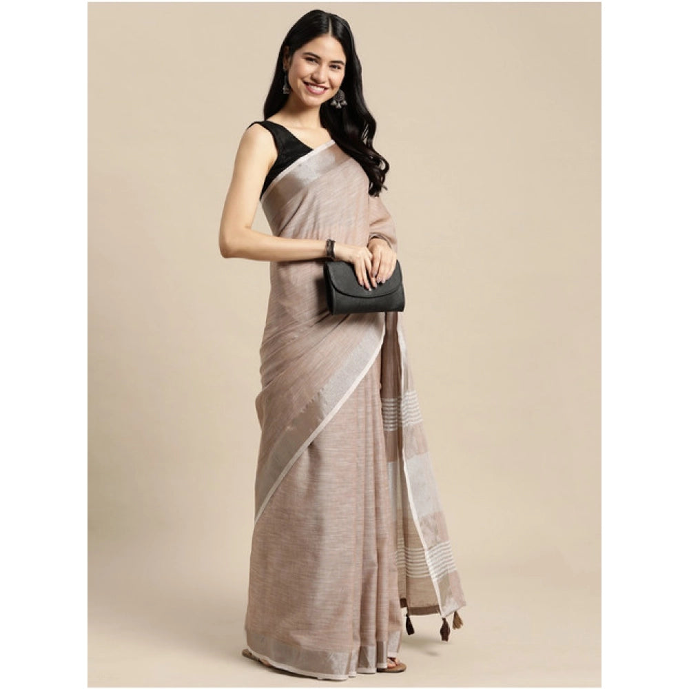 Women's Linen Cotton Printed Saree With Unstitched Blouse 5.5Mtr (Beige)
