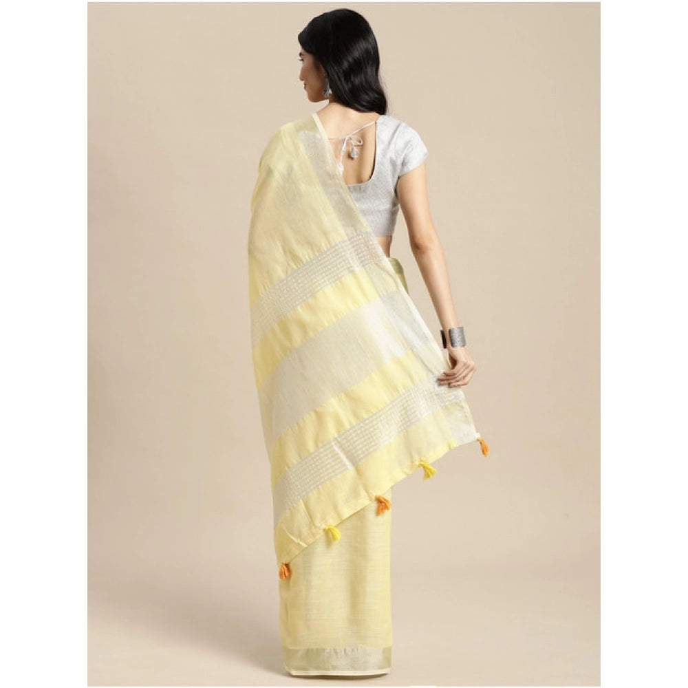 Women's Linen Cotton Printed Saree With Unstitched Blouse 5.5Mtr (Yellow)