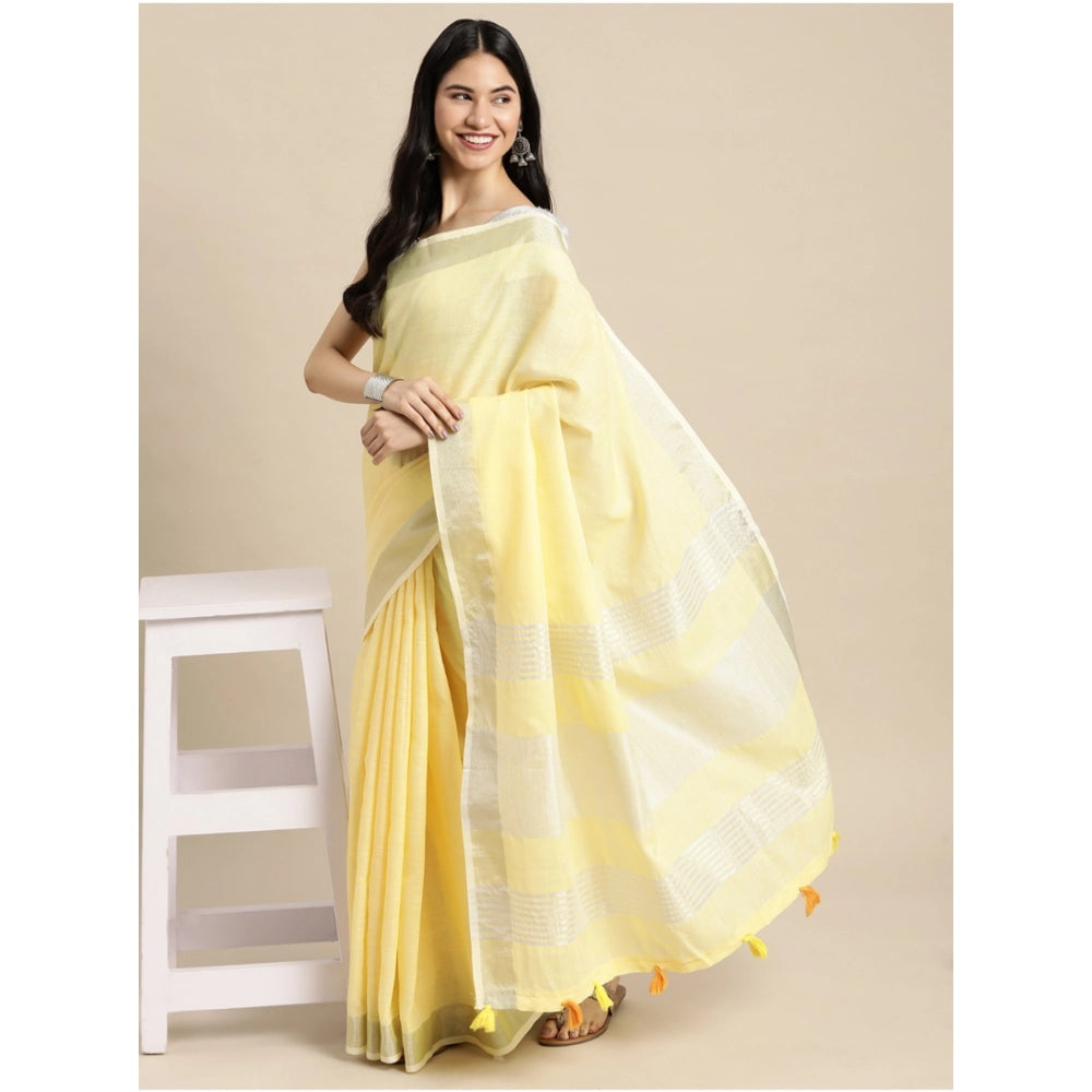 Women's Linen Cotton Printed Saree With Unstitched Blouse 5.5Mtr (Yellow)