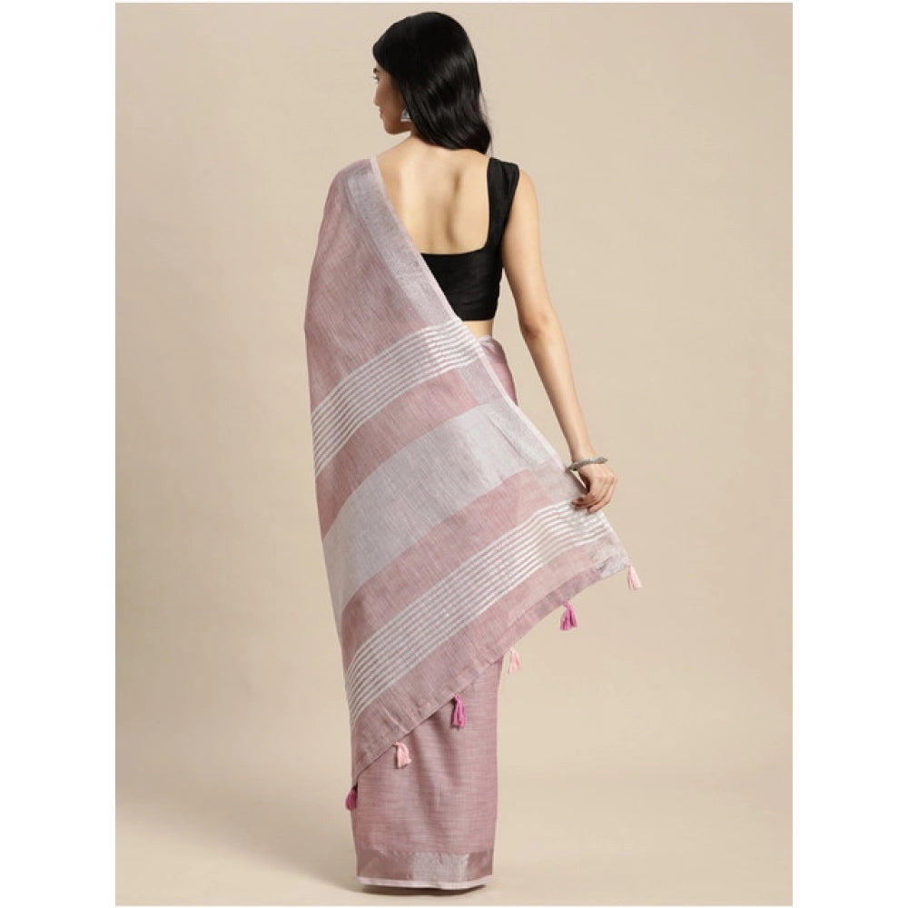 Women's Linen Cotton Printed Saree With Unstitched Blouse 5.5Mtr (Purple)