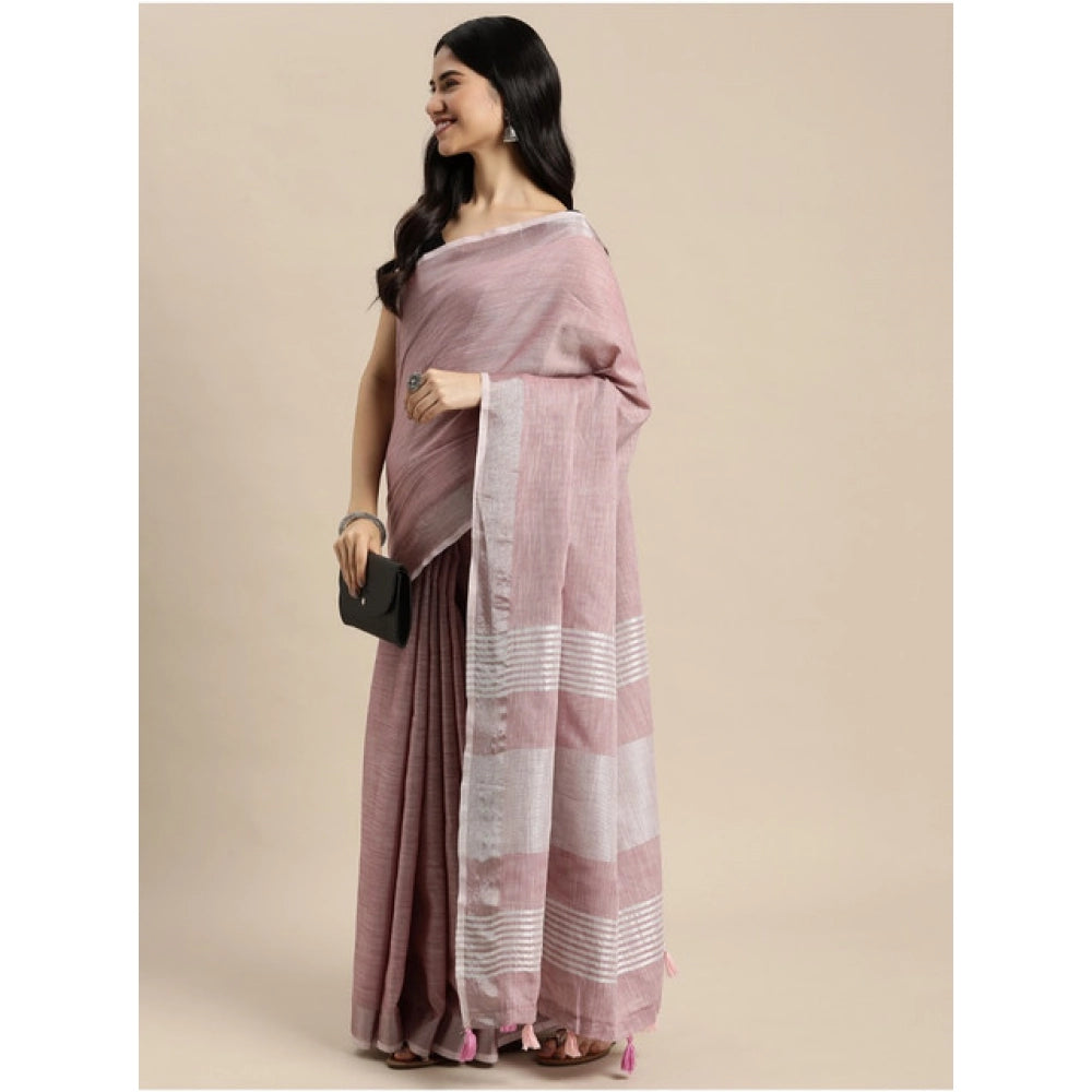 Women's Linen Cotton Printed Saree With Unstitched Blouse 5.5Mtr (Purple)