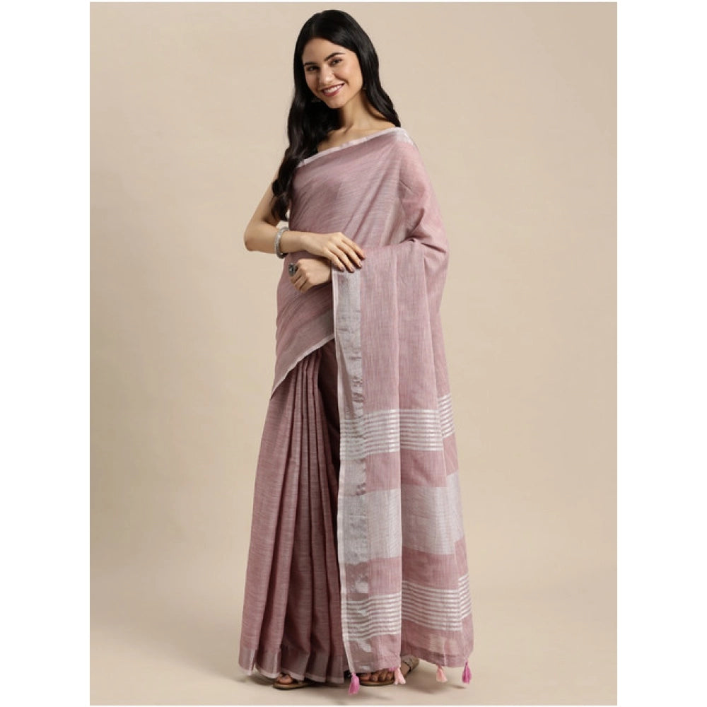Women's Linen Cotton Printed Saree With Unstitched Blouse 5.5Mtr (Purple)