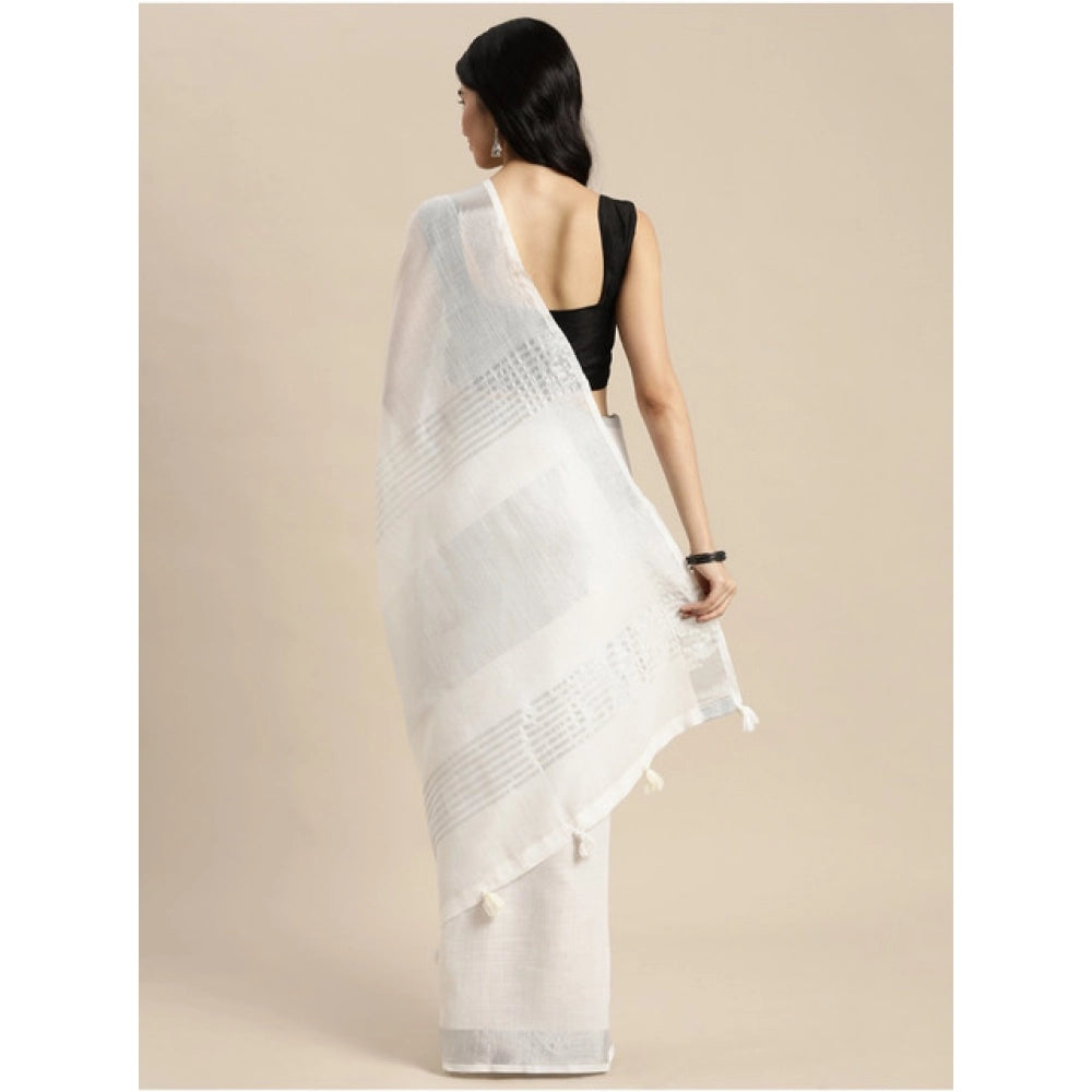 Women's Linen Cotton Printed Saree With Unstitched Blouse 5.5Mtr (White)