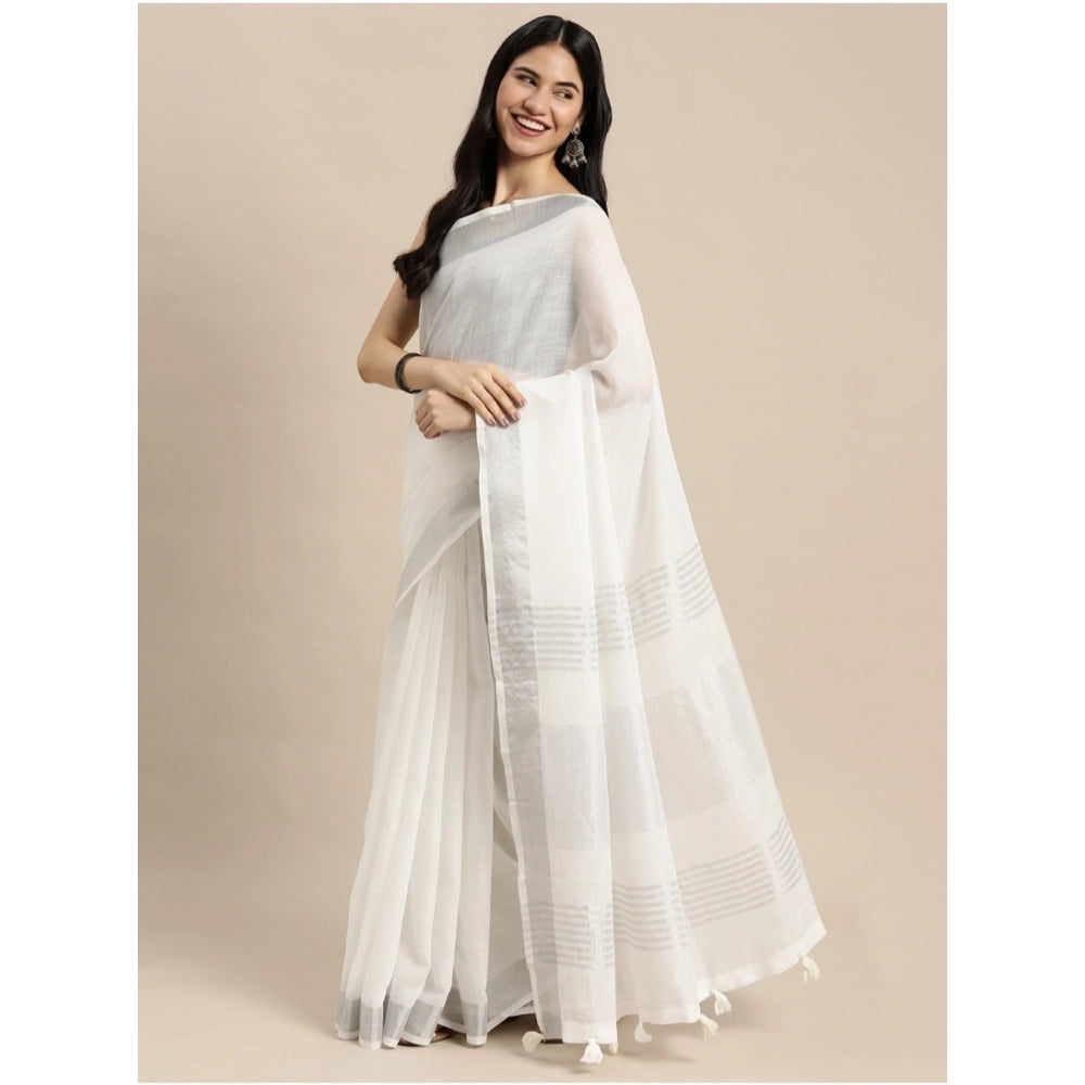 Women's Linen Cotton Printed Saree With Unstitched Blouse 5.5Mtr (White)