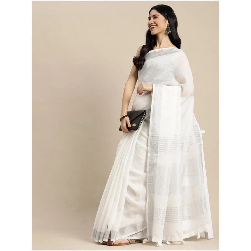 Women's Linen Cotton Printed Saree With Unstitched Blouse 5.5Mtr (White)