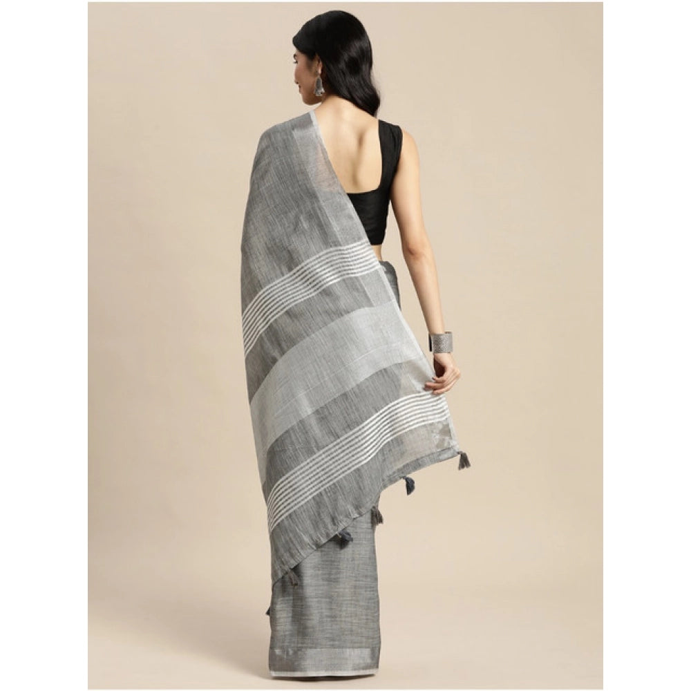 Women's Linen Cotton Printed Saree With Unstitched Blouse 5.5Mtr (Dark Grey)
