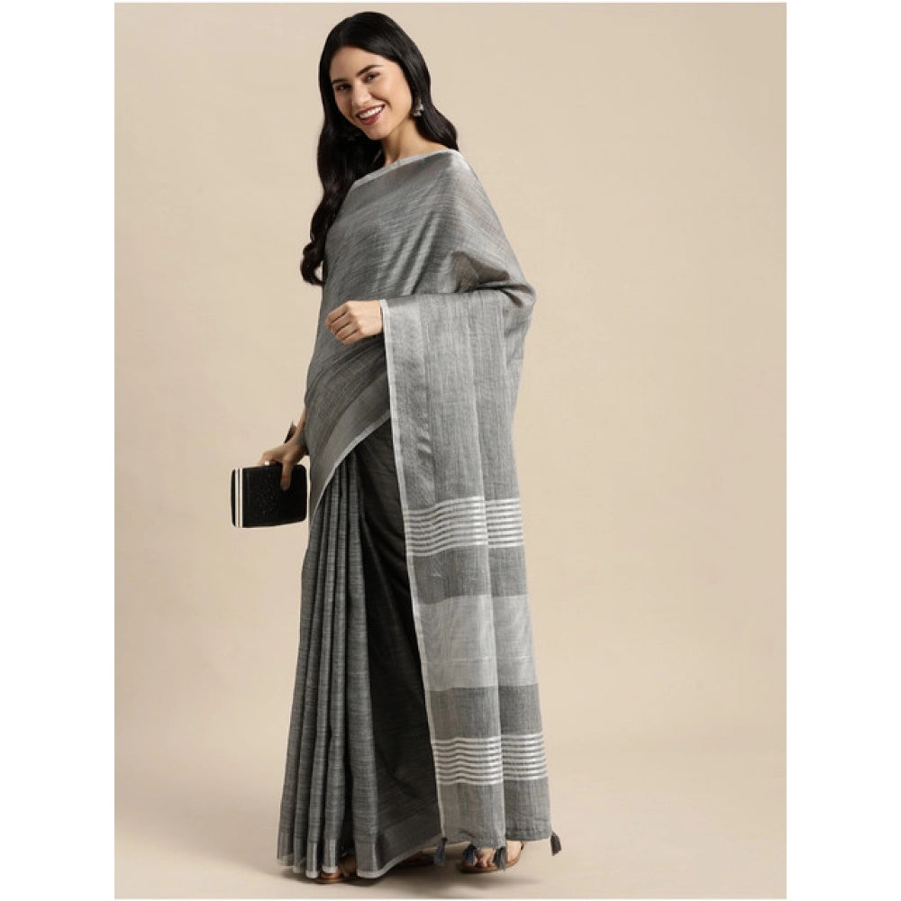 Women's Linen Cotton Printed Saree With Unstitched Blouse 5.5Mtr (Dark Grey)