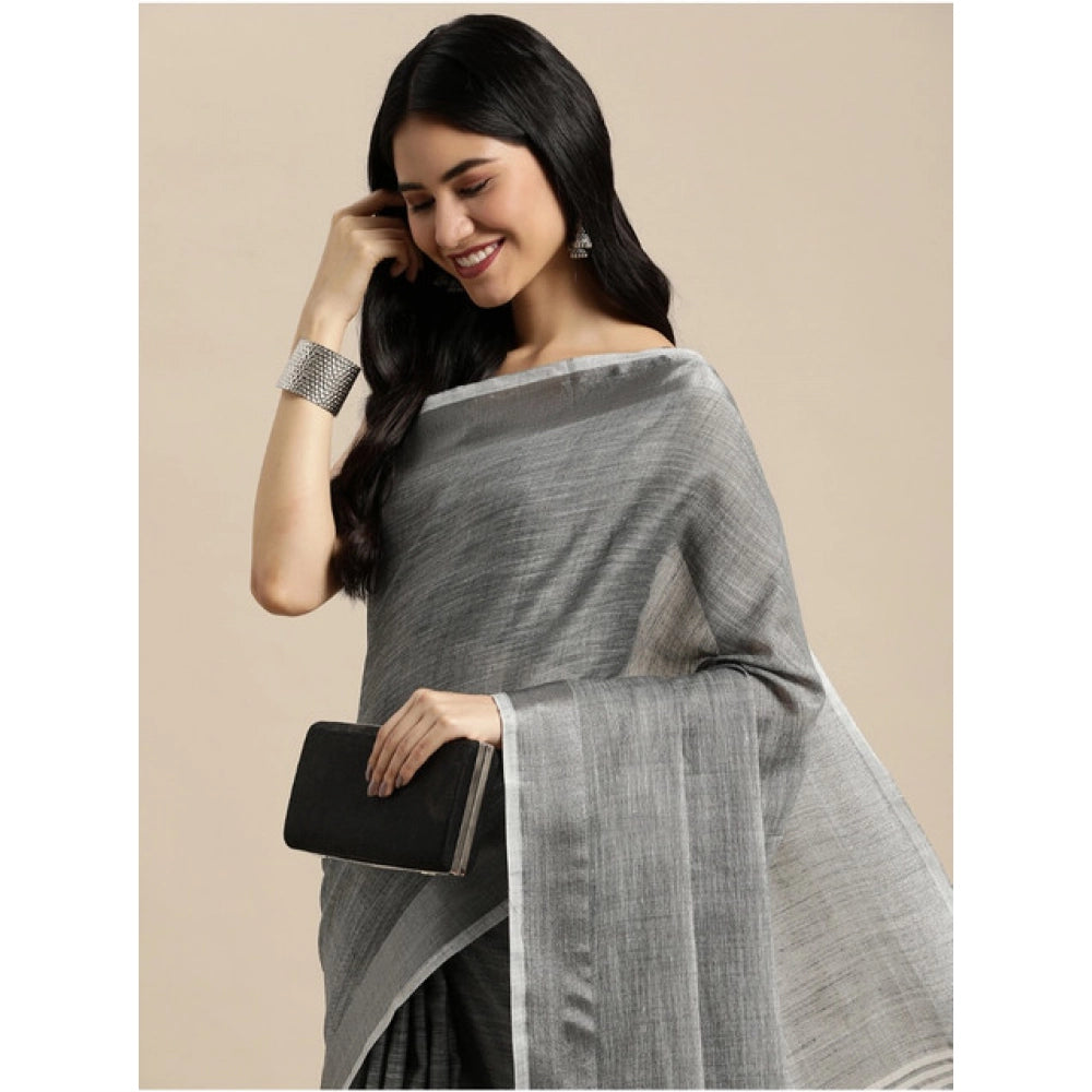 Women's Linen Cotton Printed Saree With Unstitched Blouse 5.5Mtr (Dark Grey)
