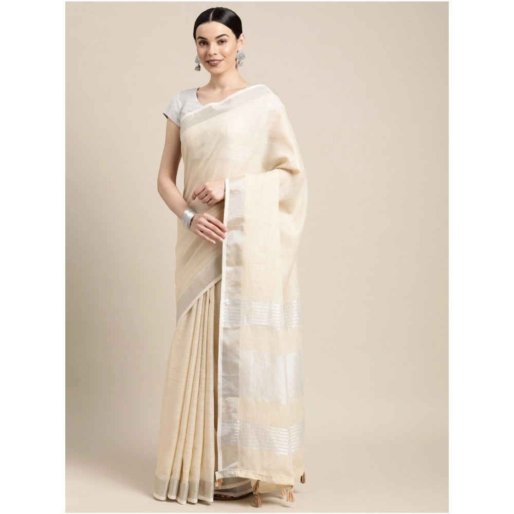 Women's Linen Cotton Printed Saree With Unstitched Blouse 5.5Mtr (Cream)