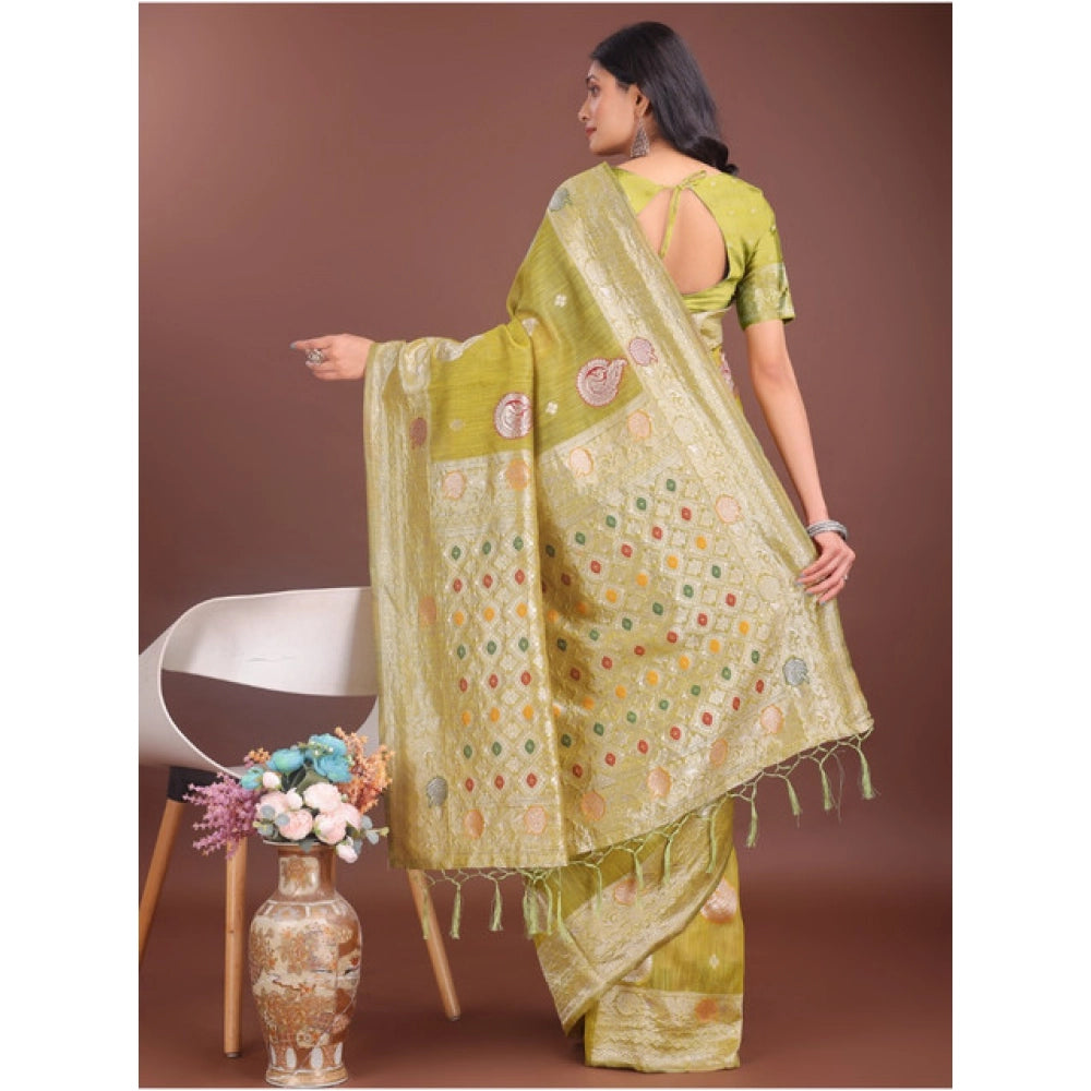 Women's Linen Cotton Printed Saree With Unstitched Blouse 5.5Mtr (Mustrad)