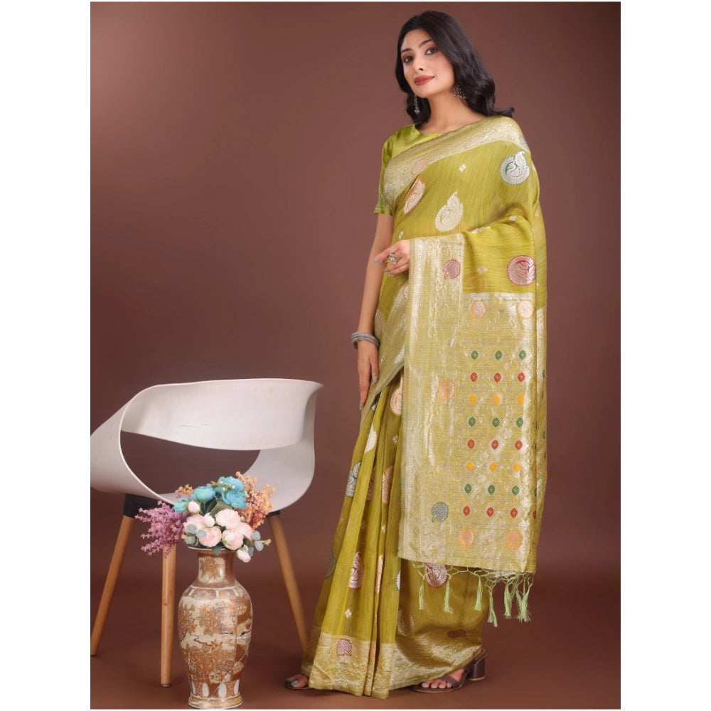 Women's Linen Cotton Printed Saree With Unstitched Blouse 5.5Mtr (Mustrad)