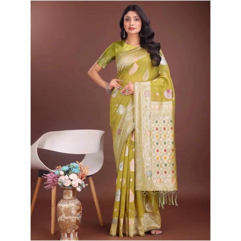 Women's Linen Cotton Printed Saree With Unstitched Blouse 5.5Mtr (Mustrad)