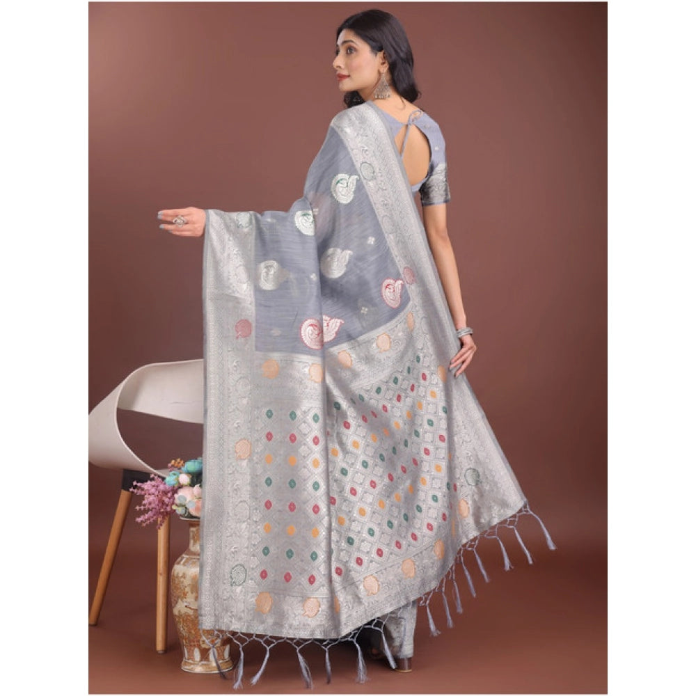 Women's Linen Cotton Printed Saree With Unstitched Blouse 5.5Mtr (Grey)