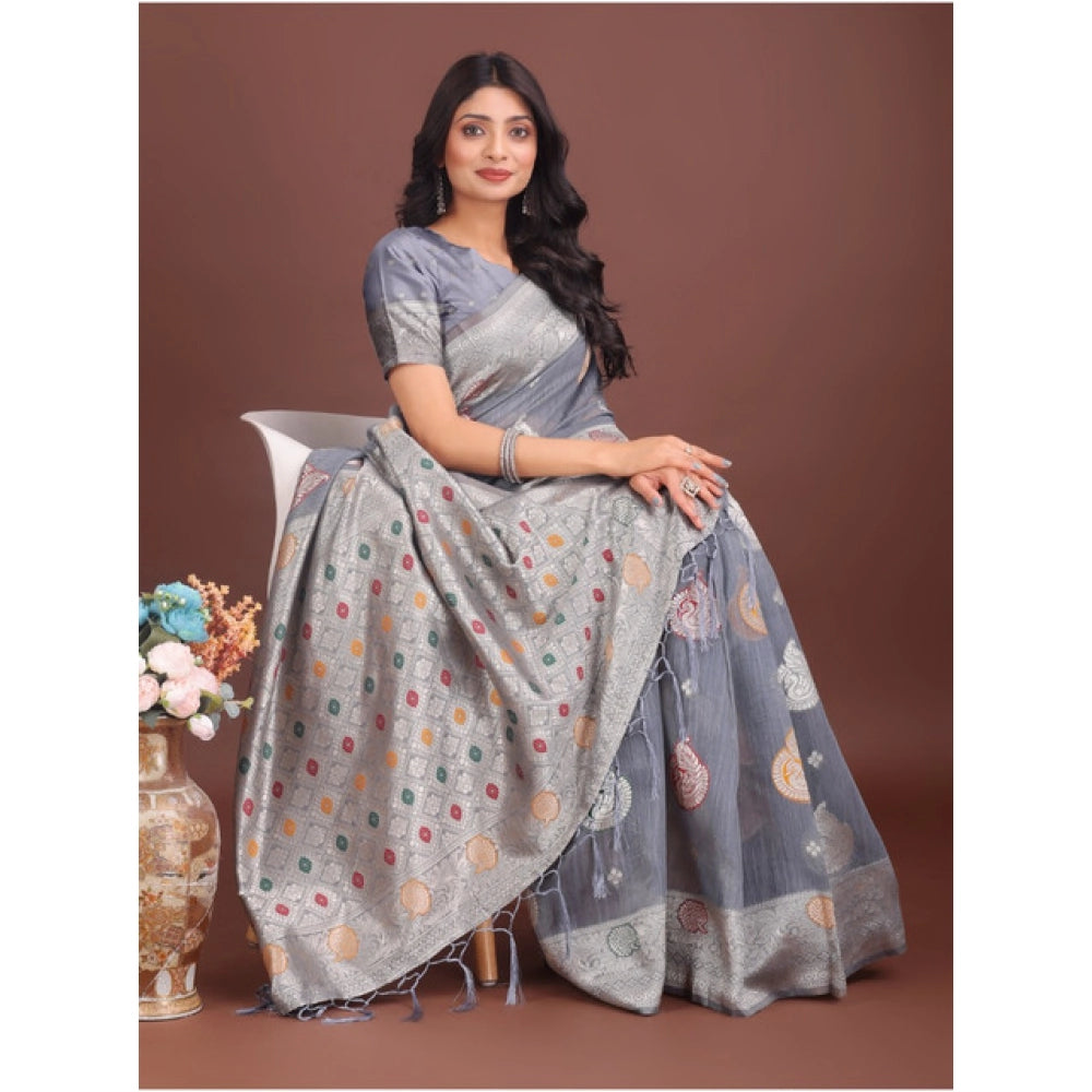 Women's Linen Cotton Printed Saree With Unstitched Blouse 5.5Mtr (Grey)