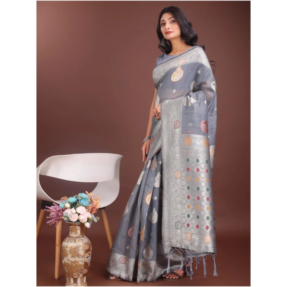 Women's Linen Cotton Printed Saree With Unstitched Blouse 5.5Mtr (Grey)
