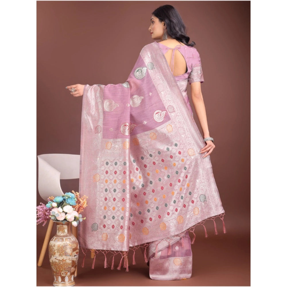 Women's Linen Cotton Printed Saree With Unstitched Blouse 5.5Mtr (Purple)